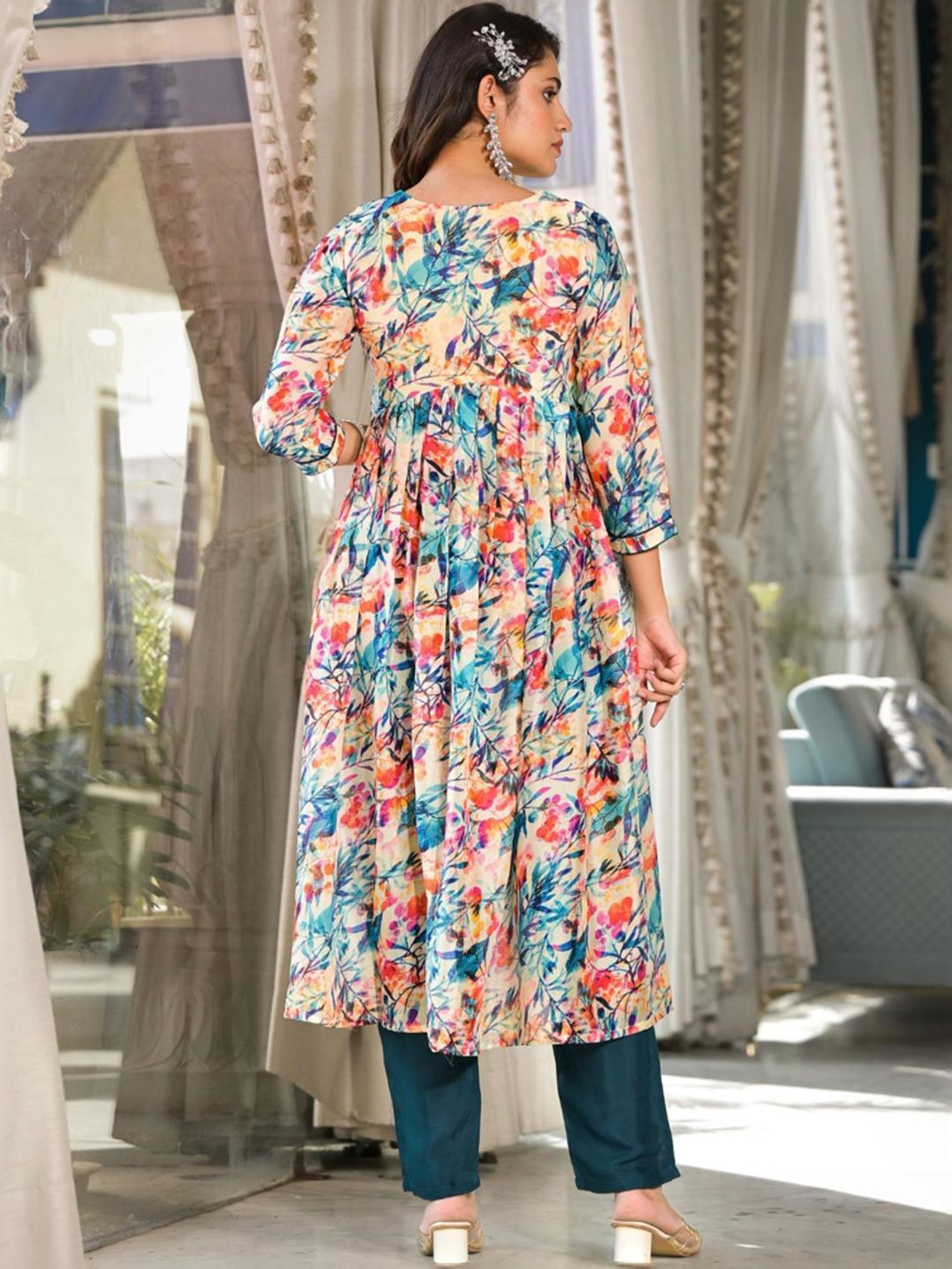 Odette Beige & Green Floral Print Kurta Pant Set With Dupatta