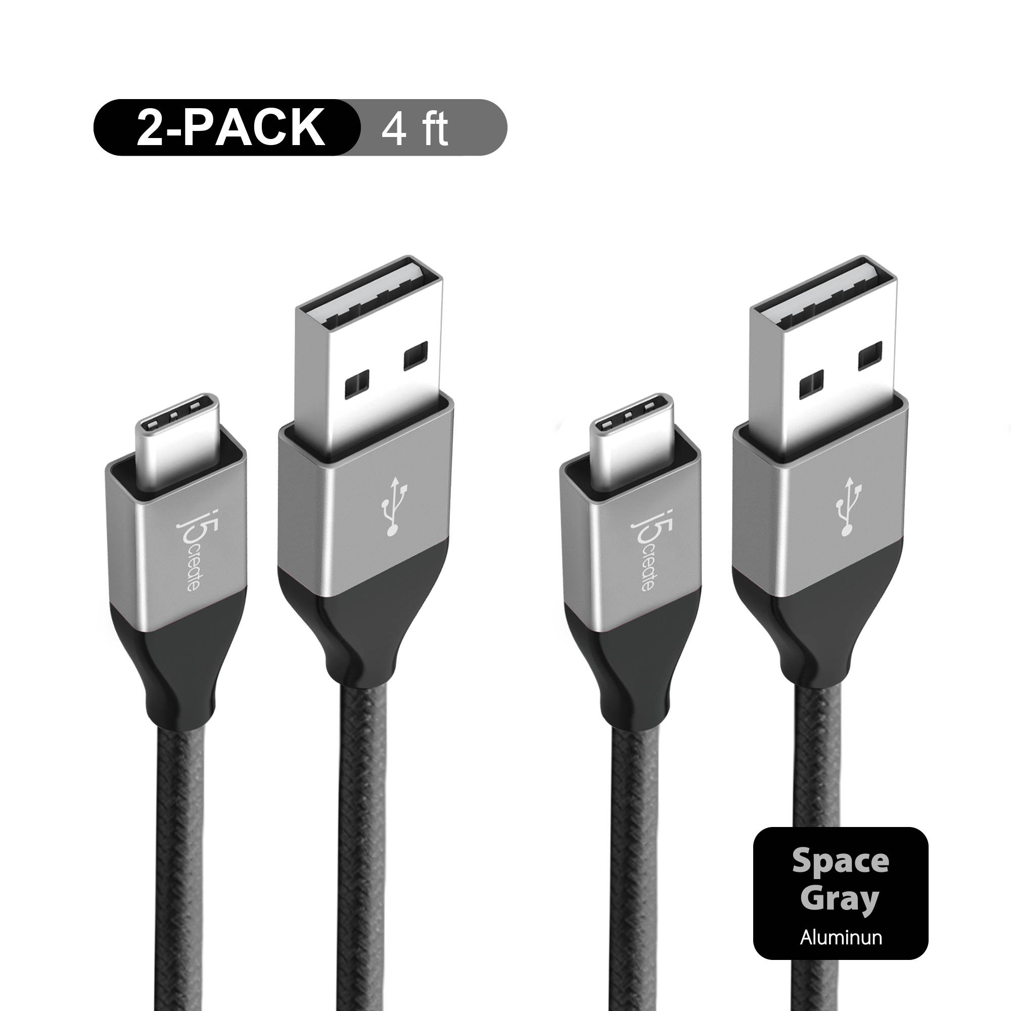 j5create USB2.0 Type-C&trade; to Type-A Cable, Black (Pack of 2)