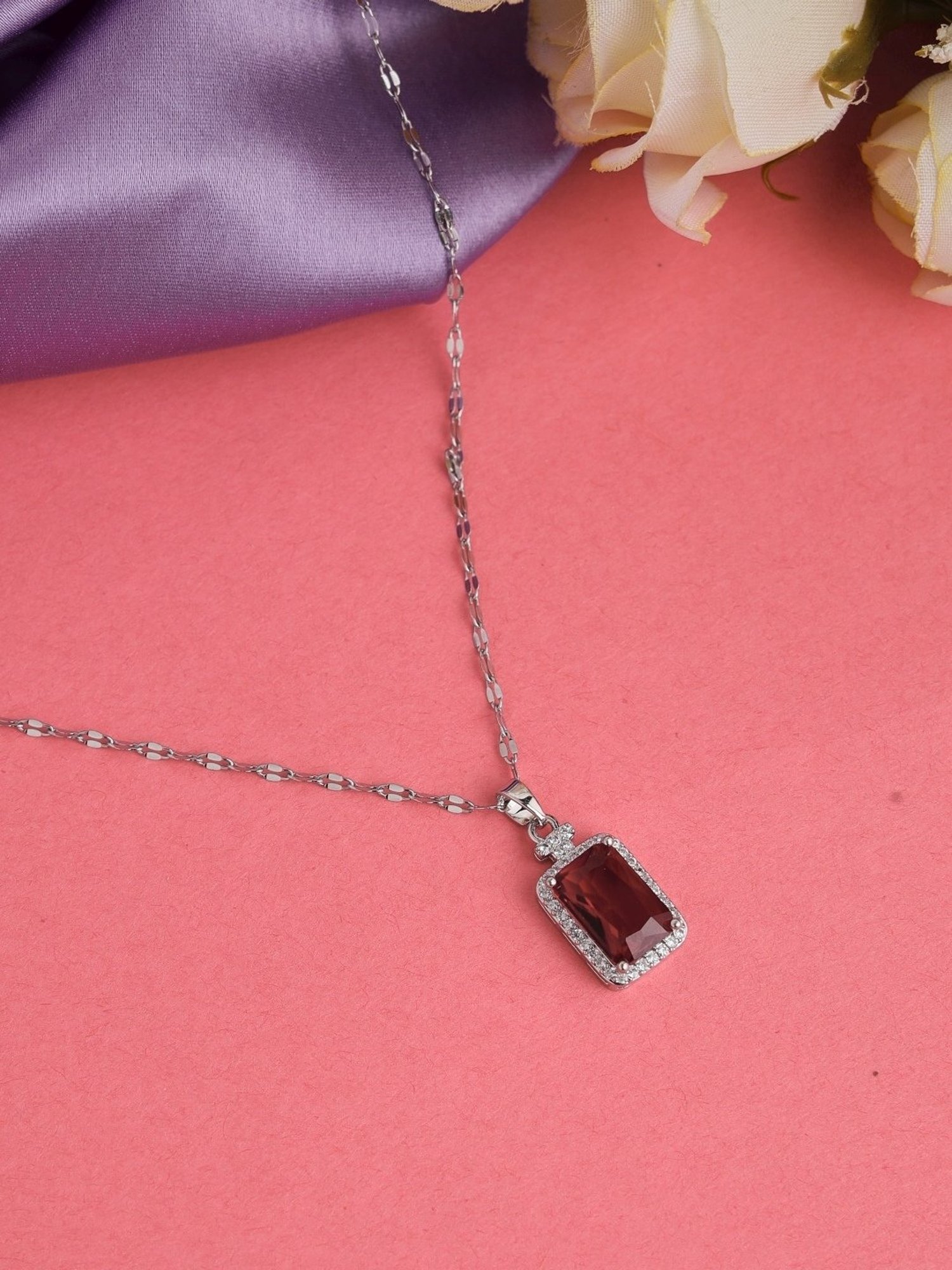 Prita by Priyaasi Red Solitaire Long Link Silver-Plated Necklace