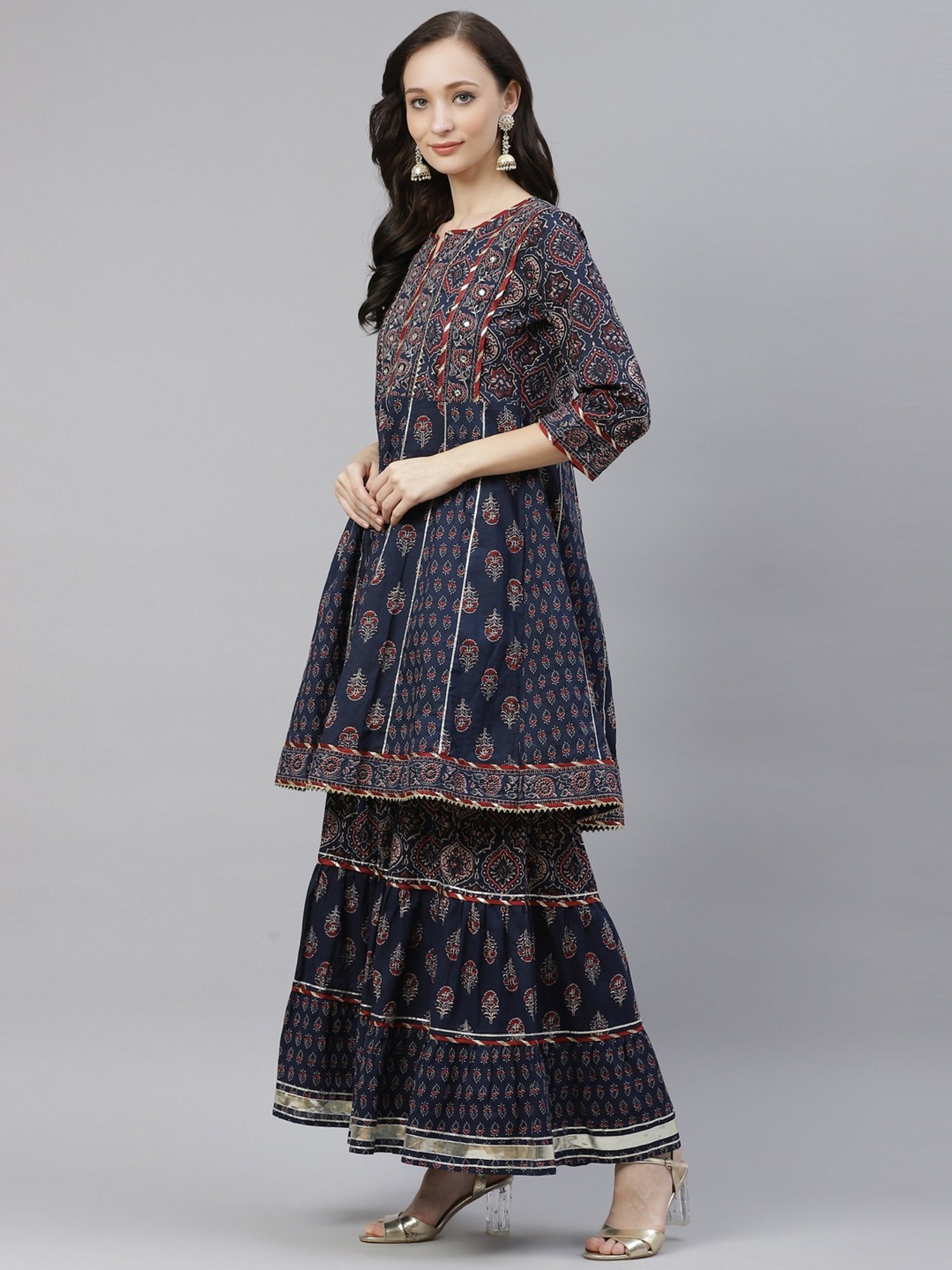 Divena Blue Cotton Embroidered Kurta Sharara Set With Dupatta