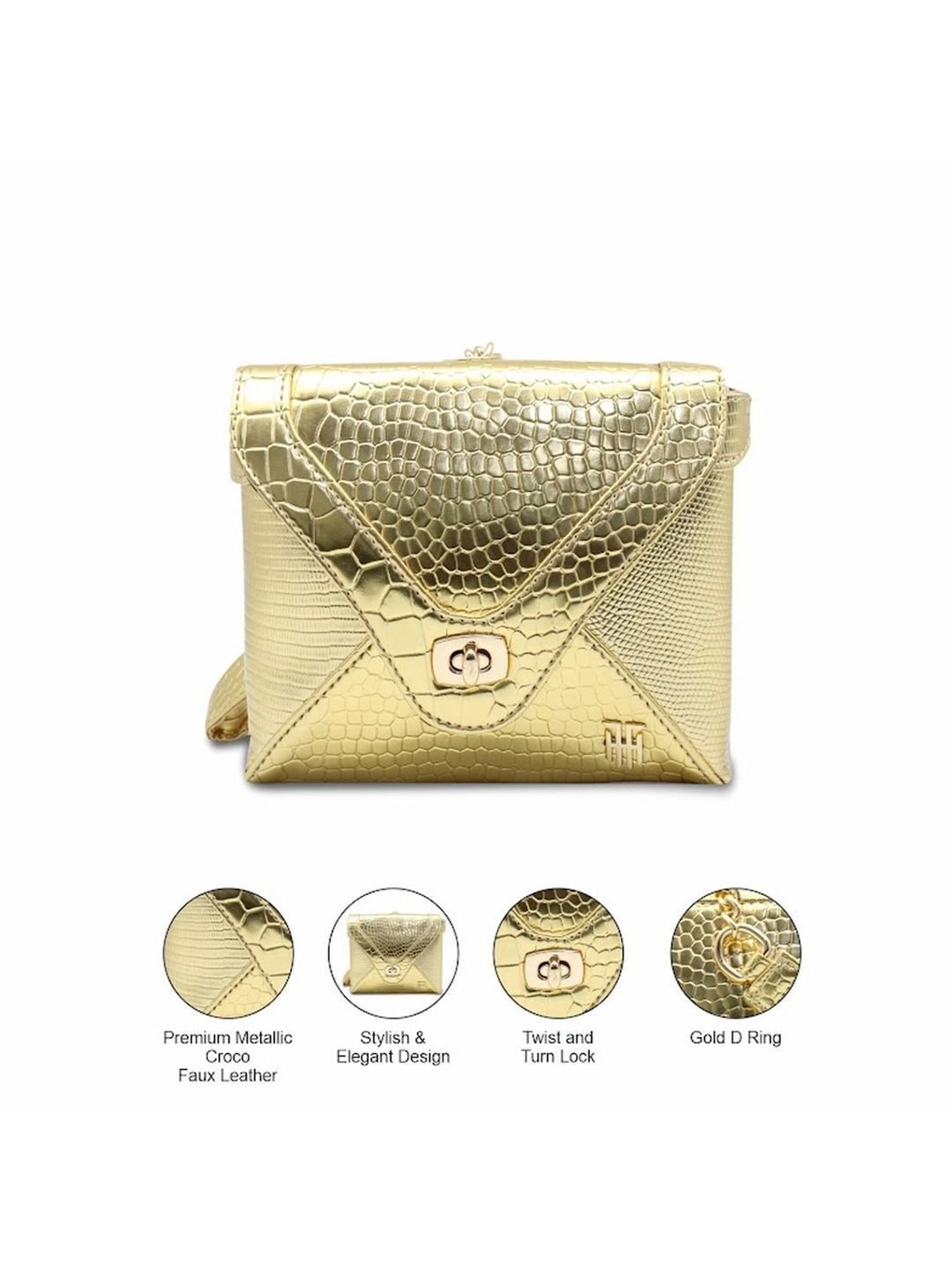 THE HOLISTIK Glititer II Golden Textured Medium Handbag
