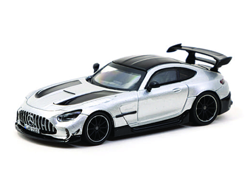 Mercedes-Benz AMG GT Black Series Silver Metallic with Black Hood Stripes and Top "Global64" Series 1/64 Diecast Model by Tarmac Works
