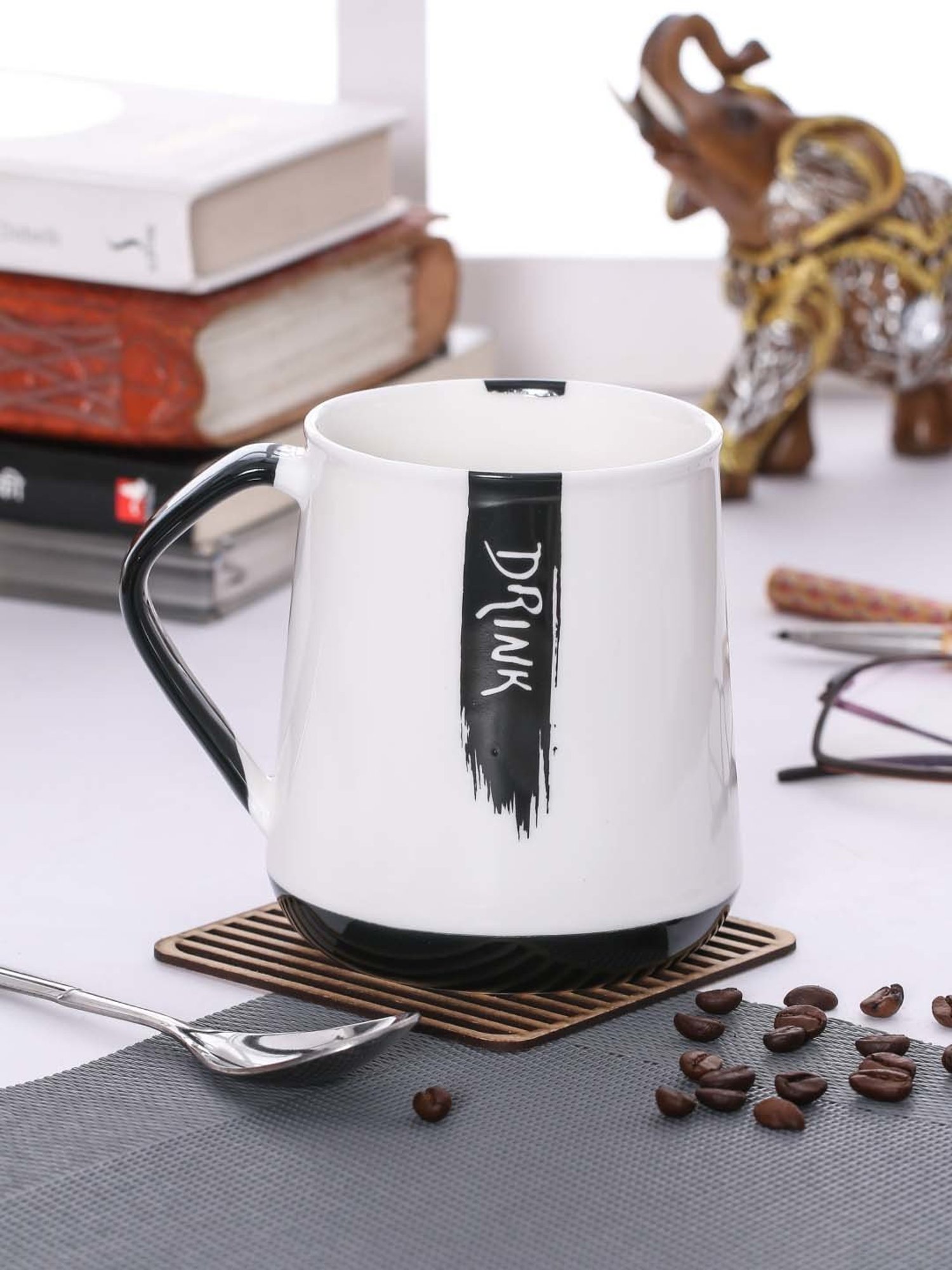 JCPL White & Black Ceramic 9.5 cm Milk Mug (0.5 L) - Set of 2
