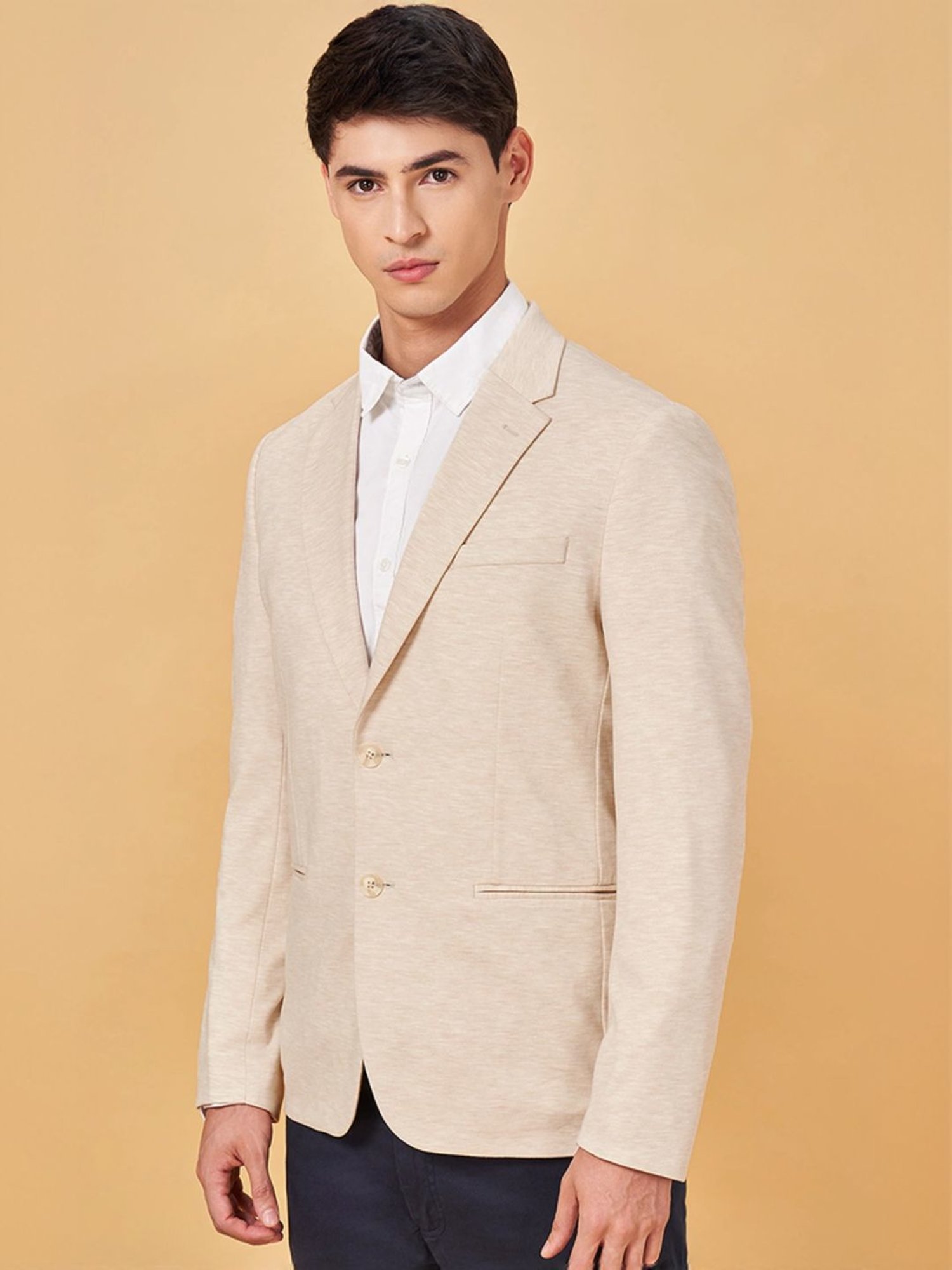 Byford By Pantaloons Cream Pearl Slim Fit Blazer
