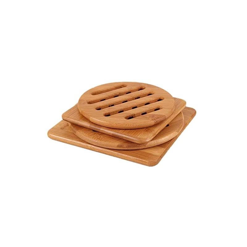 Hot Pads Trivet,Table Solid Bamboo Wood Trivets for Hot Dishes and Pot with Non-slip Pads Heat Resistant Pads Teapot Trivet 4pcs(Multi Size,2 Square 2 Round)