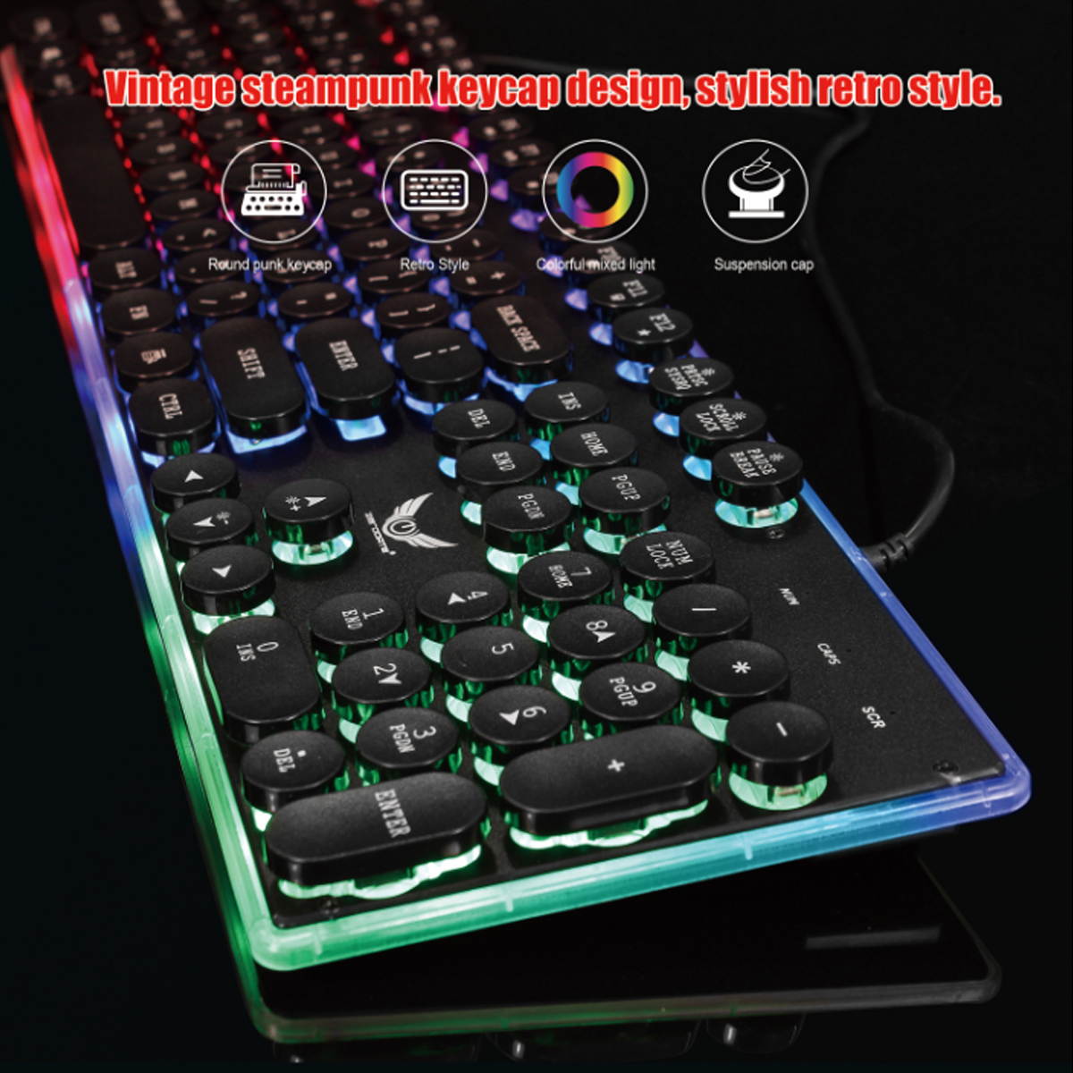Gaming Keyboard 3 Color Backlit Keyboard USB Punk Keycaps Retro Style Gaming Competitive Office Notebook Gaming Keyboard, Black, GK28