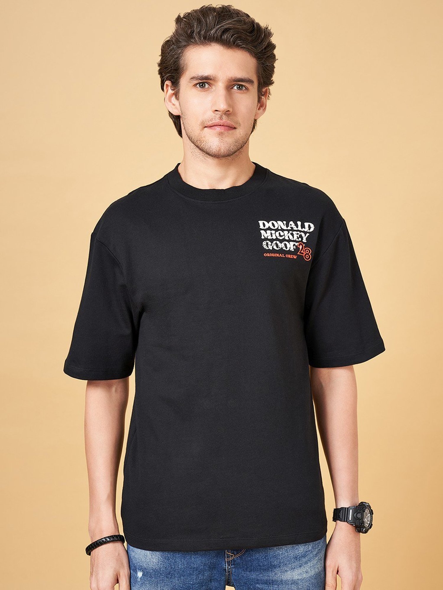 SF Jeans by Pantaloons Jet Black Cotton Relaxed Fit Printed T-Shirt