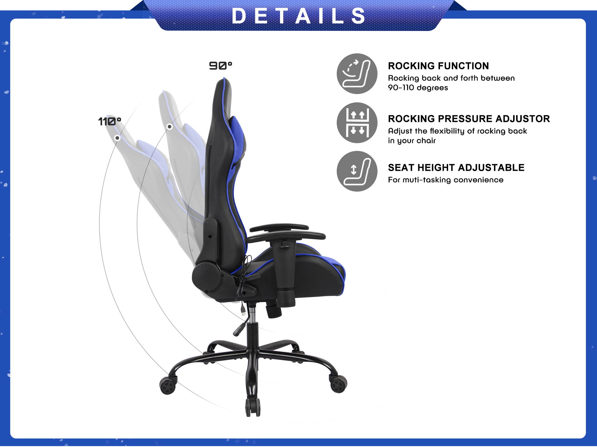 RIMIKING Massage Racing High Back Ergonomic  Computer Gaming Chair  Soft Headrest&Backrest Desk Chair Swivel Adjustable Armrest  Office Chair