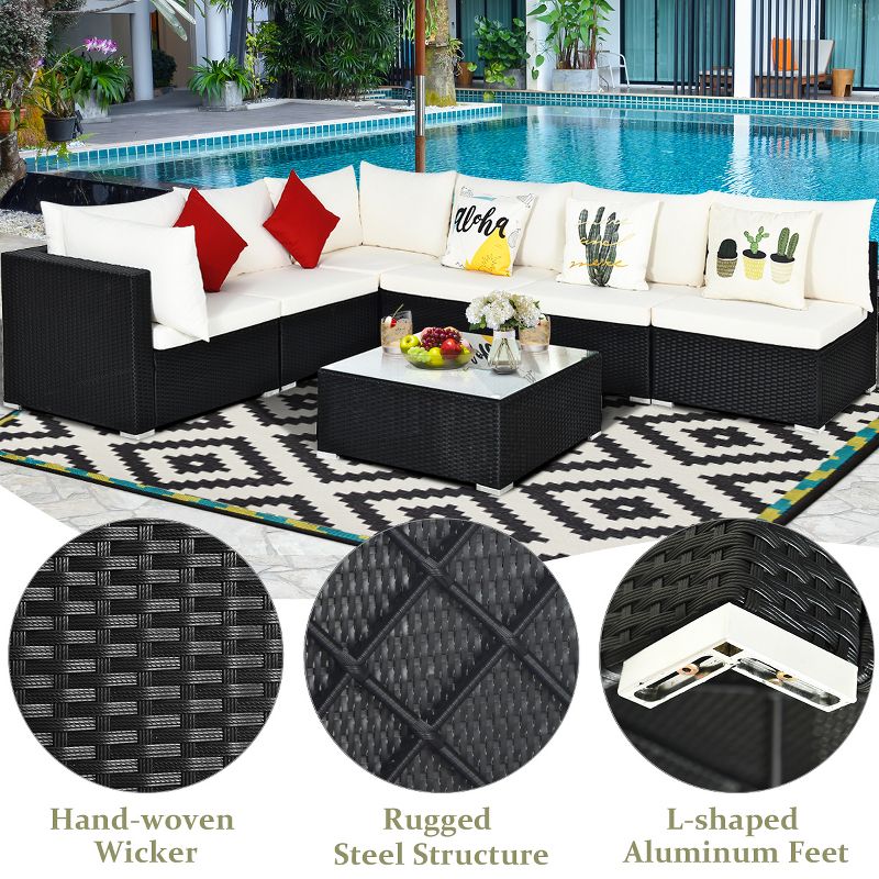 7PCS Patio Rattan Furniture Set Sectional Sofa Cushioned Glass Table Steel Frame