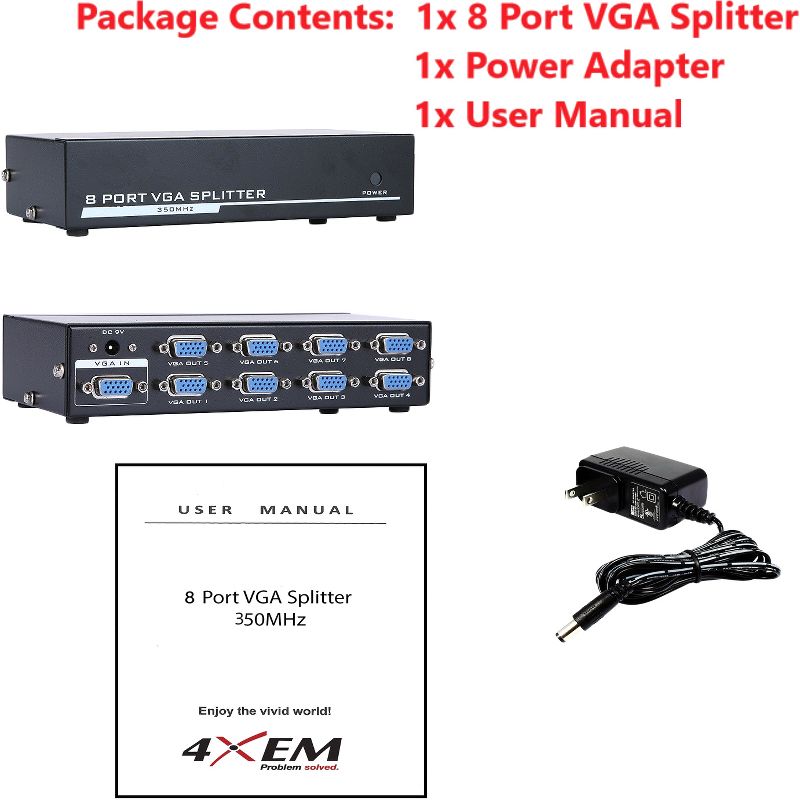 4XEM 8-Port VGA Splitter 350 MHz - 350 MHz to 350 MHz - 2048 x 1536 - 213 ft Maximum Operating Distance - VGA In - VGA Out