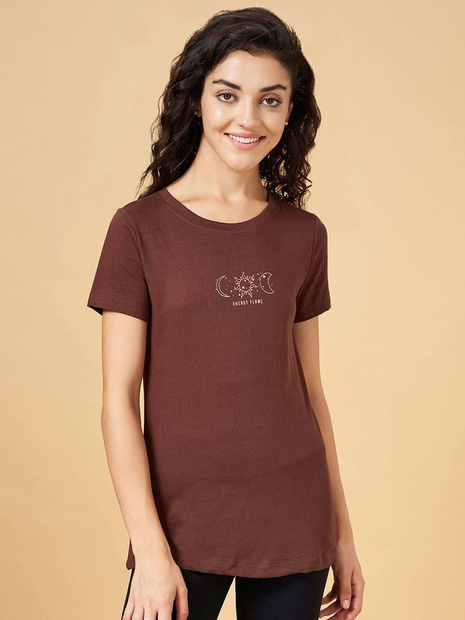 Ajile by Pantaloons Brown Cotton Graphic Print Sports T-Shirt