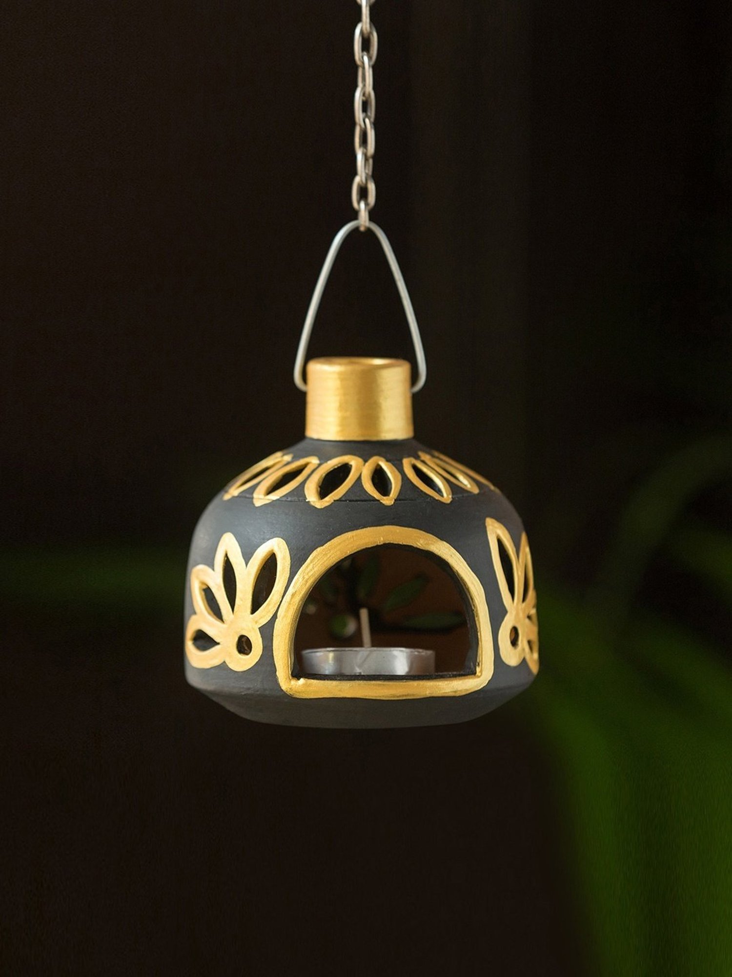 ExclusiveLane Hand-Painted Hanging Tea Light Holder In Terracotta
