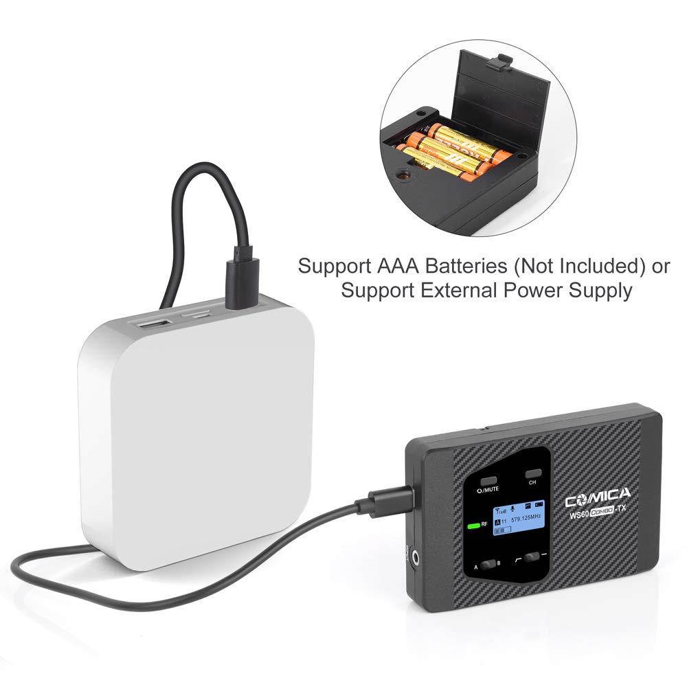 comica CVM-WS60 Combo Wireless Dual Lavalier Lapel Microphone System with UHF 12 Channels, Universal Smartphone Clamp,100-194ft Wireless Range,Wireless Microphone for Smartphones and Cameras (2Tx+1Rx)