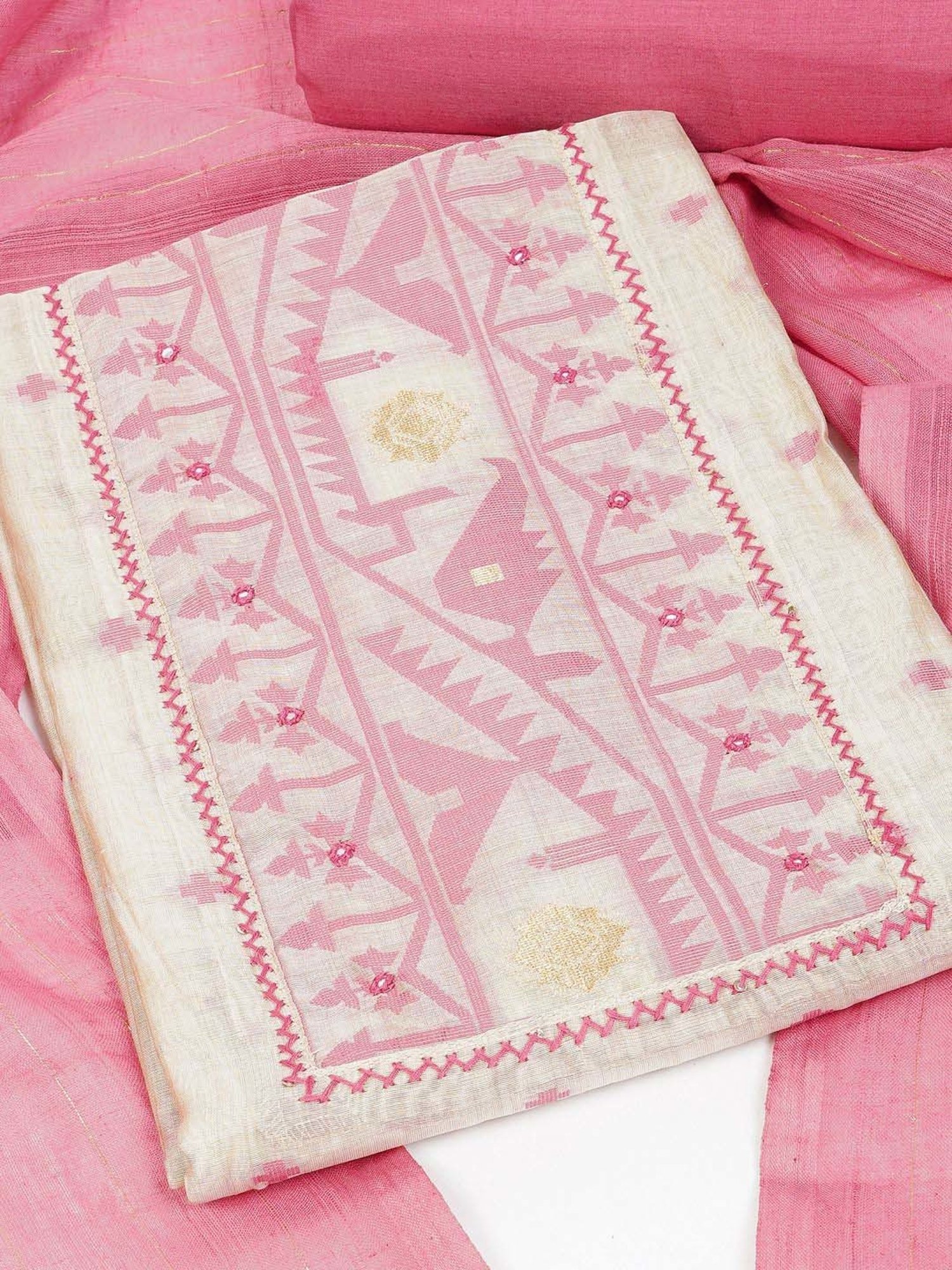 Kami Kubi White & Pink Embroidered Unstitched Dress Material