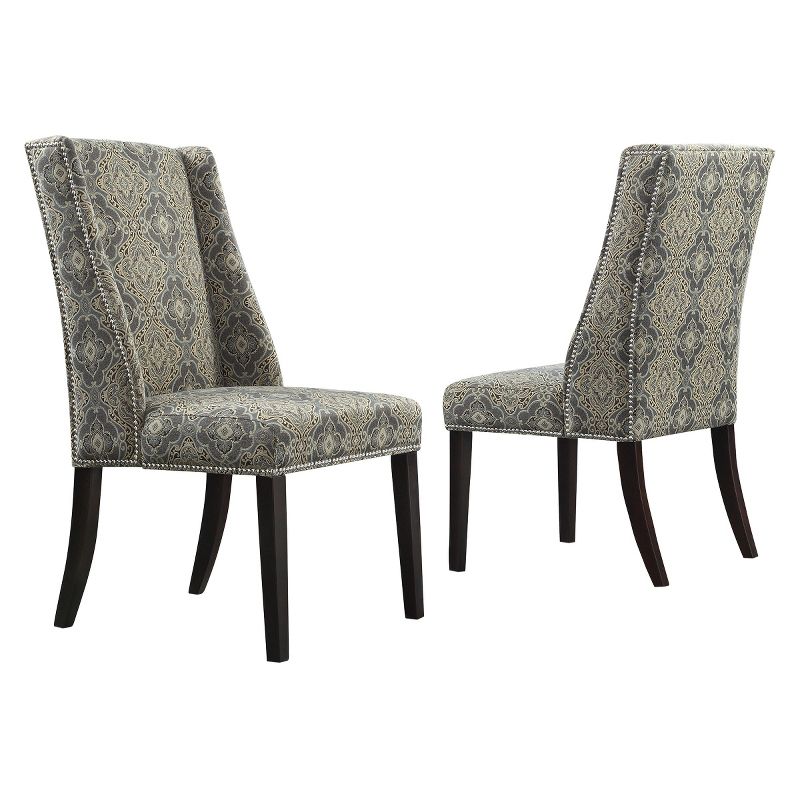 Set of 2 Harlow Wingback Damask Dining Chair with Nailheads Wood Blue - Inspire Q
