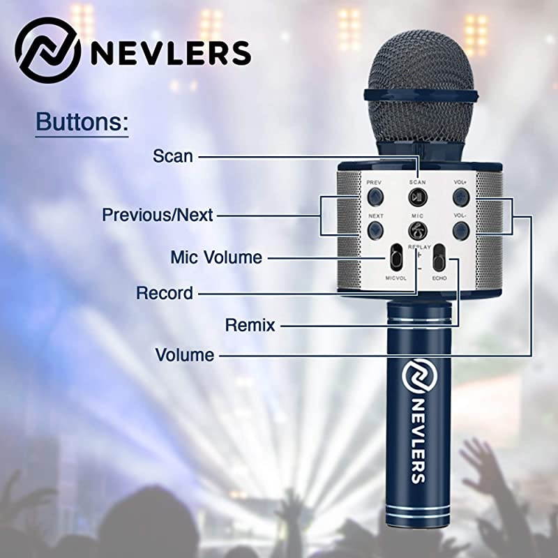 Karaoke Microphone with Wireless Bluetooth Speaker and Recording Options, Easy to Use Portable Handheld Karaoke Machine for Kids and Adults - Navy Blue - Great for Father's Day