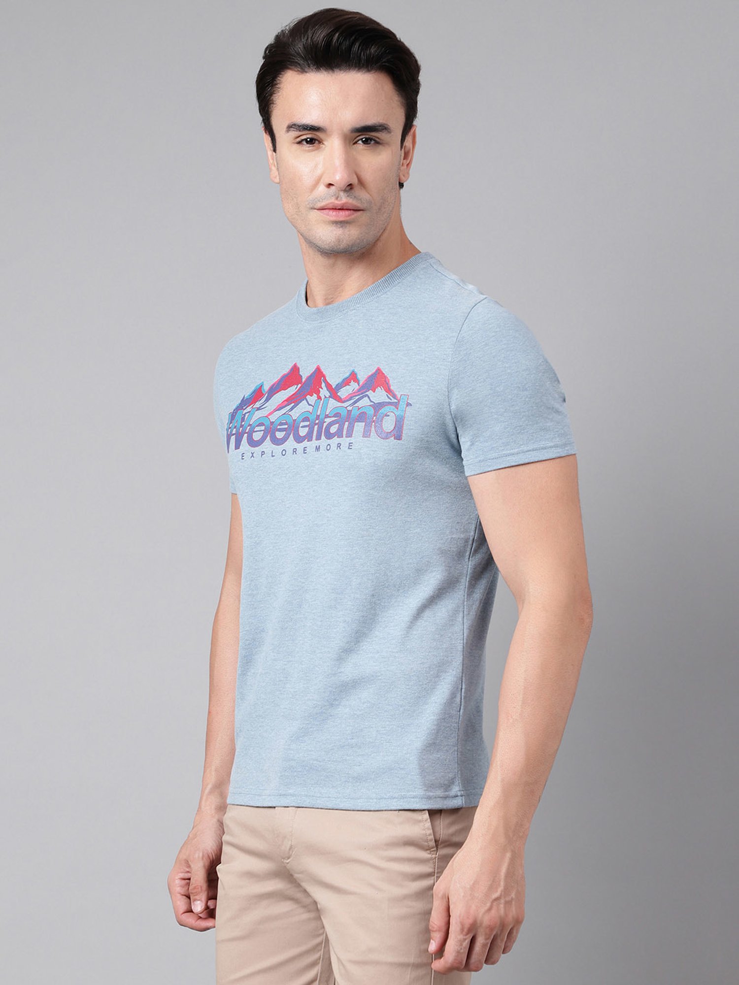 Woodland Blue Melange Regular Fit Printed Crew T-Shirt