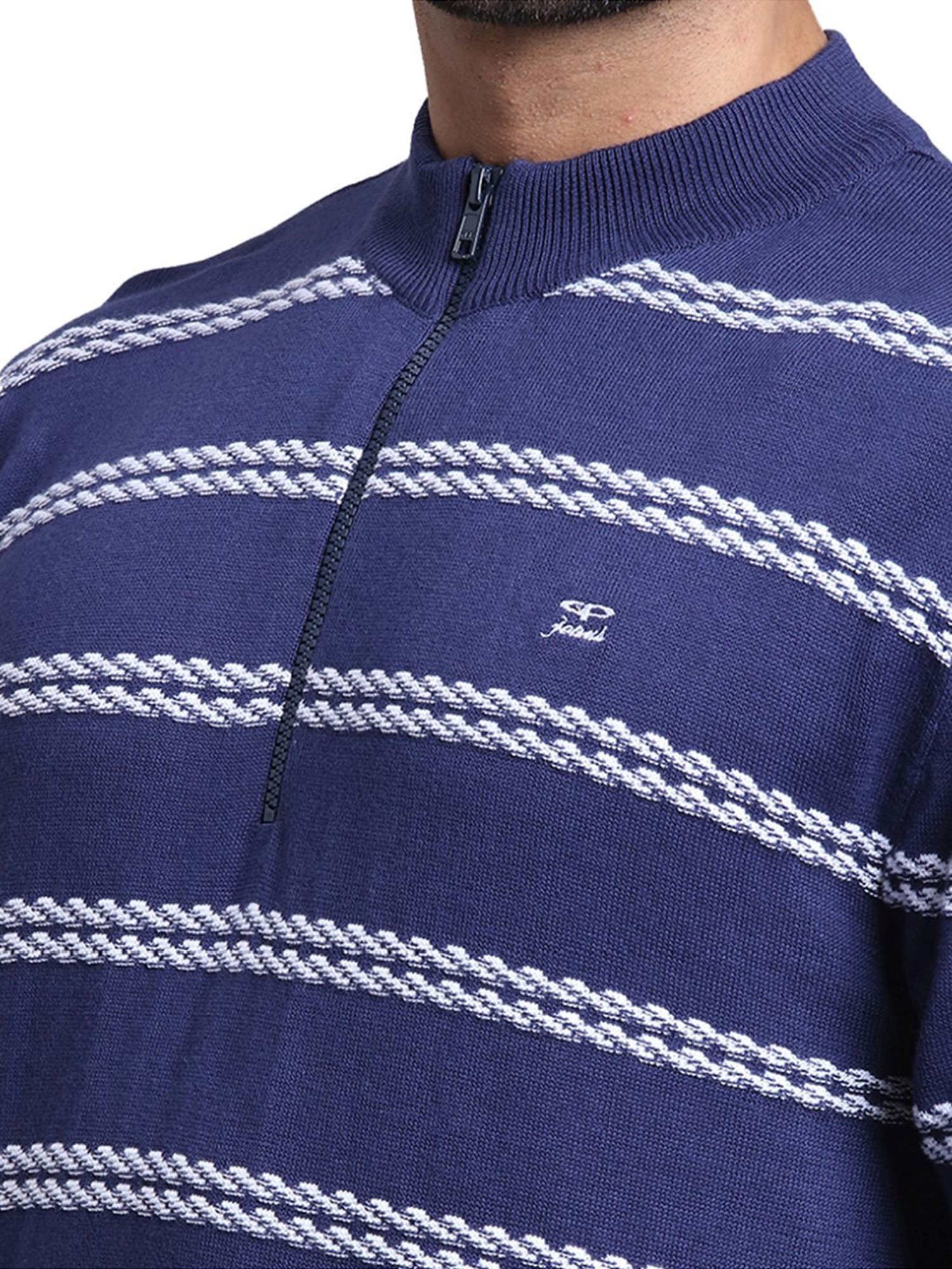 ColorPlus Blue Cotton Tailored Fit Striped Sweater