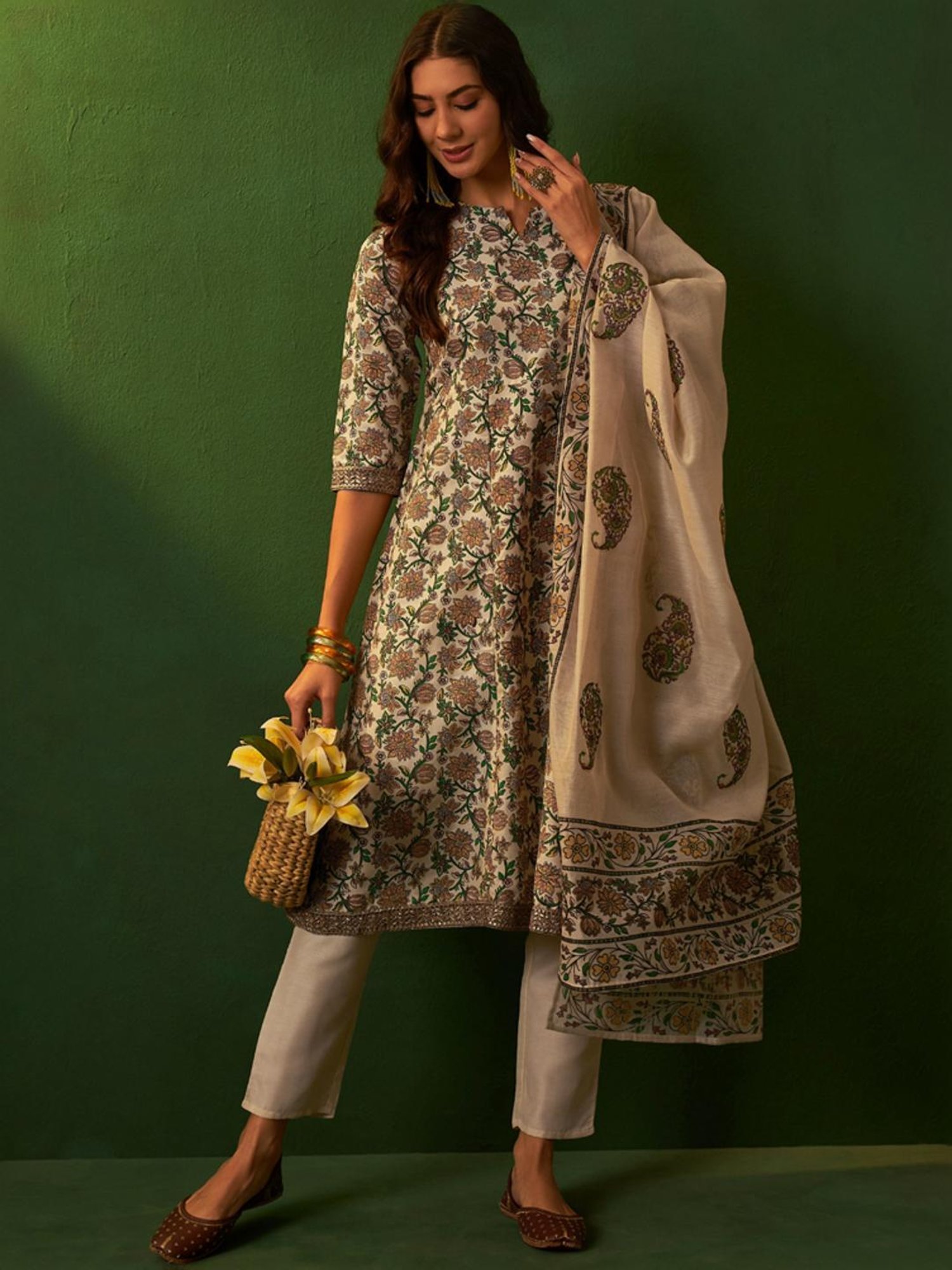 Ziyaa Beige Printed Kurta Pant Set With Dupatta