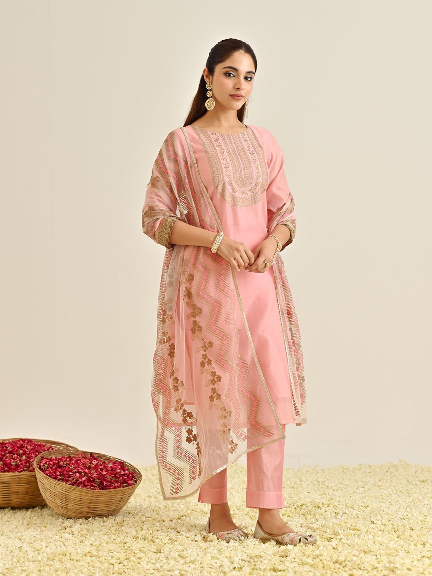 Rustorange Pink Embroidered Kurta With Pant & Dupatta