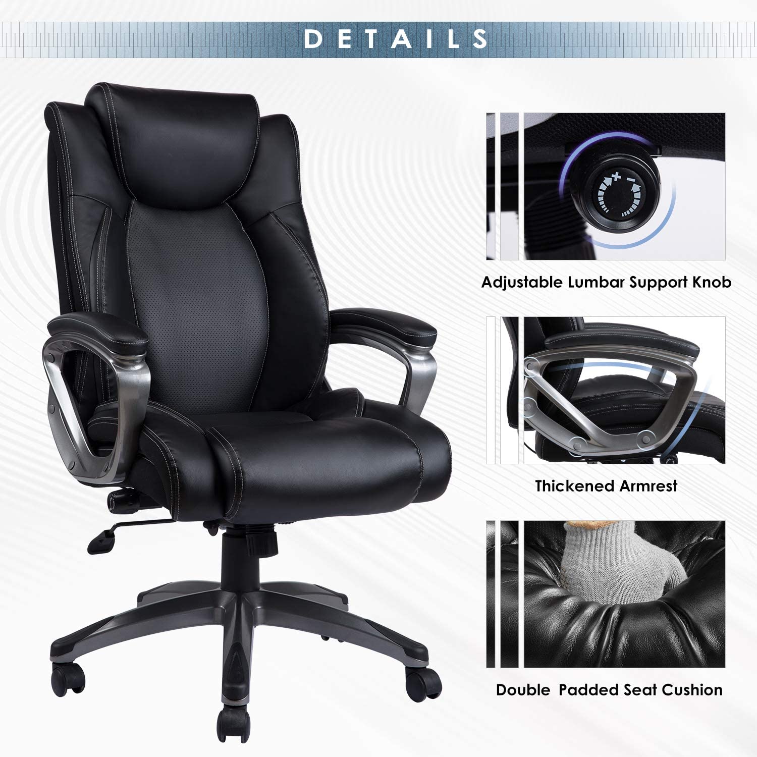 Bonded Leather Office Chair - Adjustable Built-in Lumbar Support and Tilt Angle High Back Executive Computer Desk Chair for Office Workers & Students