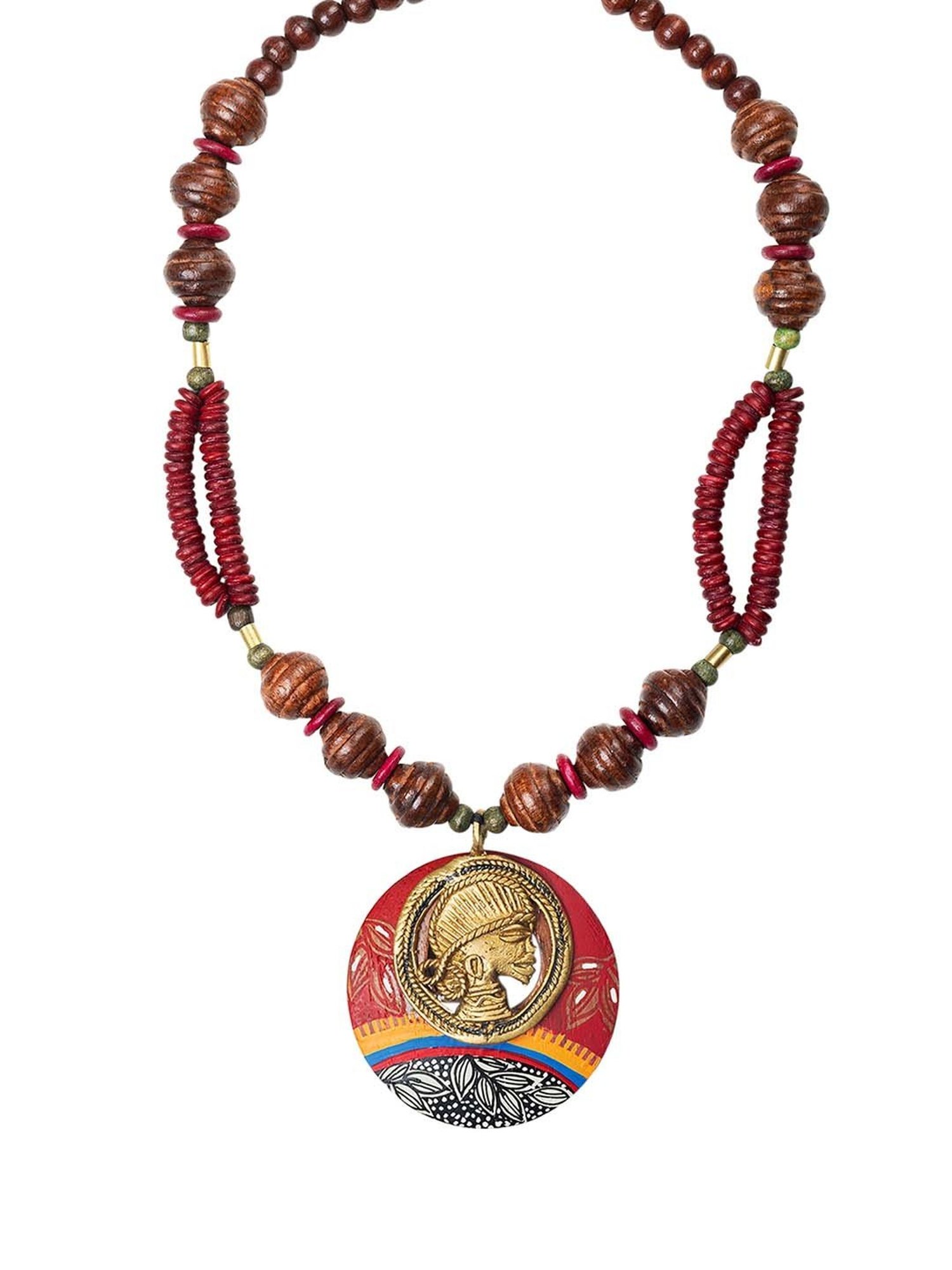 ExclusiveLane Tribal Dhokra Maroon Wood & Brass Necklace Handmade in Dhokra Art