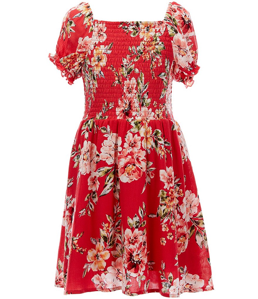 Poppies and Roses Big Girls 7-16 Puff Sleeve Smocked Floral A-Line Dress