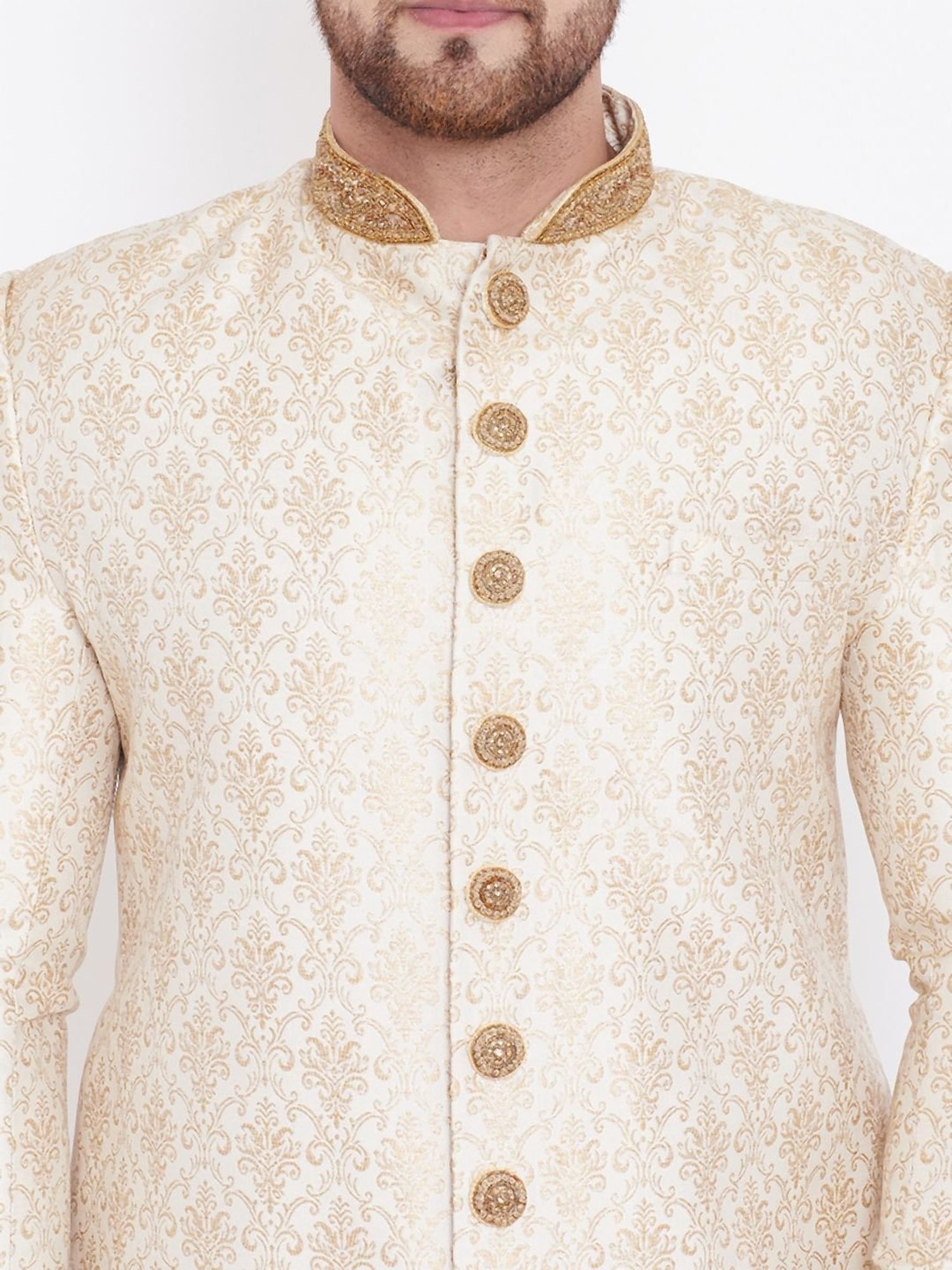 Vastramay Beige Straight Fit Printed Sherwanis
