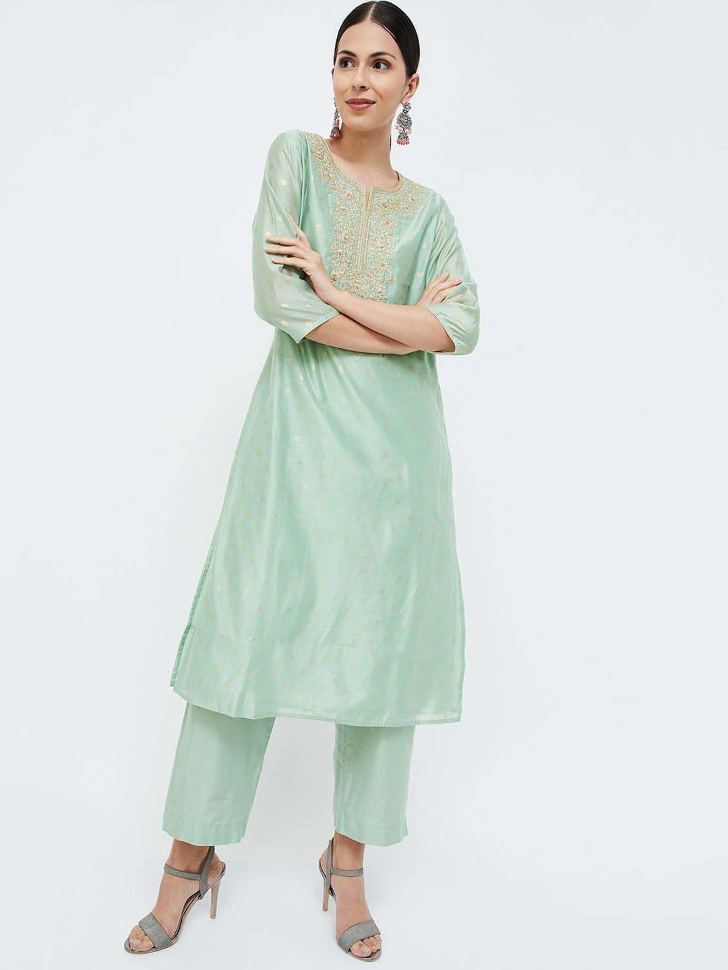 Melange by Lifestyle Sea Green Embroidered Kurta & Palazzo Set With Dupatta