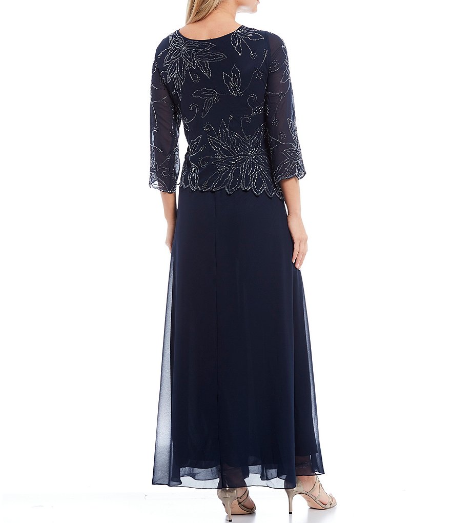 Jkara Petite Size 3/4 Sleeve Scoop Neck Beaded Bodice Gown