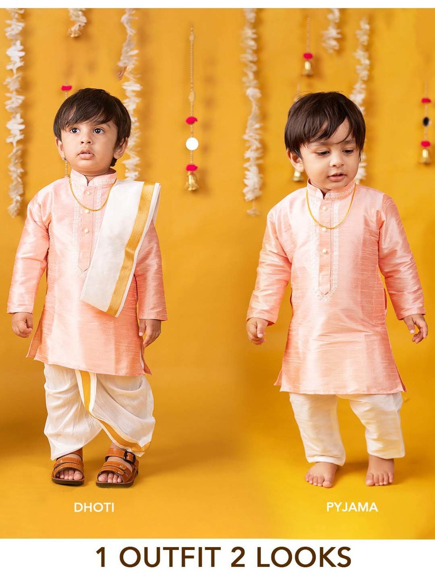 Baby Moo Kids Peach & White Regular Fit Full Sleeves Kurta Set