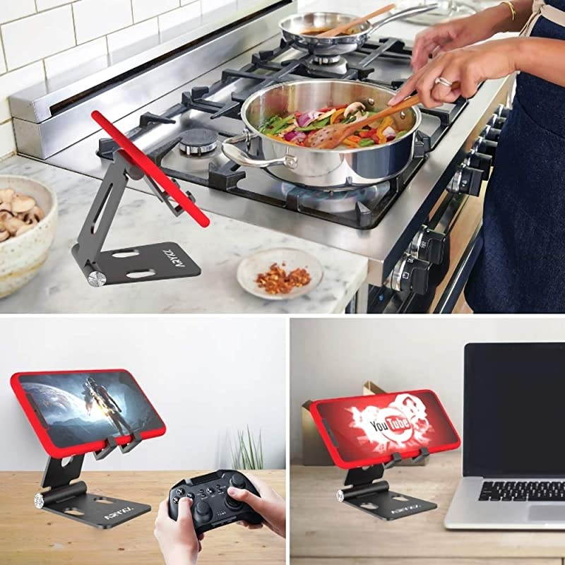 Desktop Phone Holder Stand - Smartphone, Tablet Cradle - Foldable, Aluminum Standing Bracket Compatible with iPhone, Nintendo Switch - Portable Screen Mount, 270-Degree Adjustable Angle