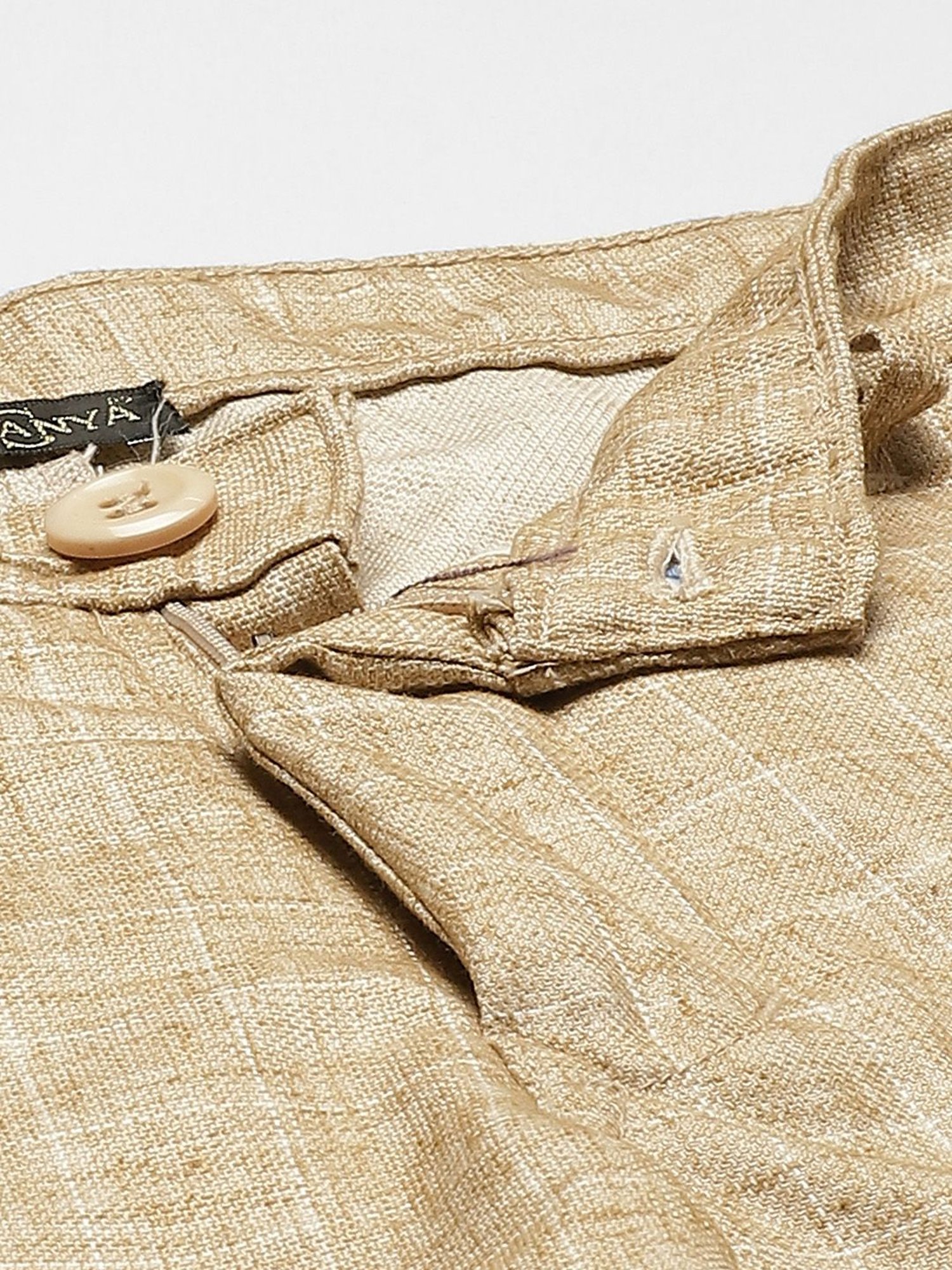 Sojanya Beige Cotton Regular Slim Fit Checks Flat Front Trousers