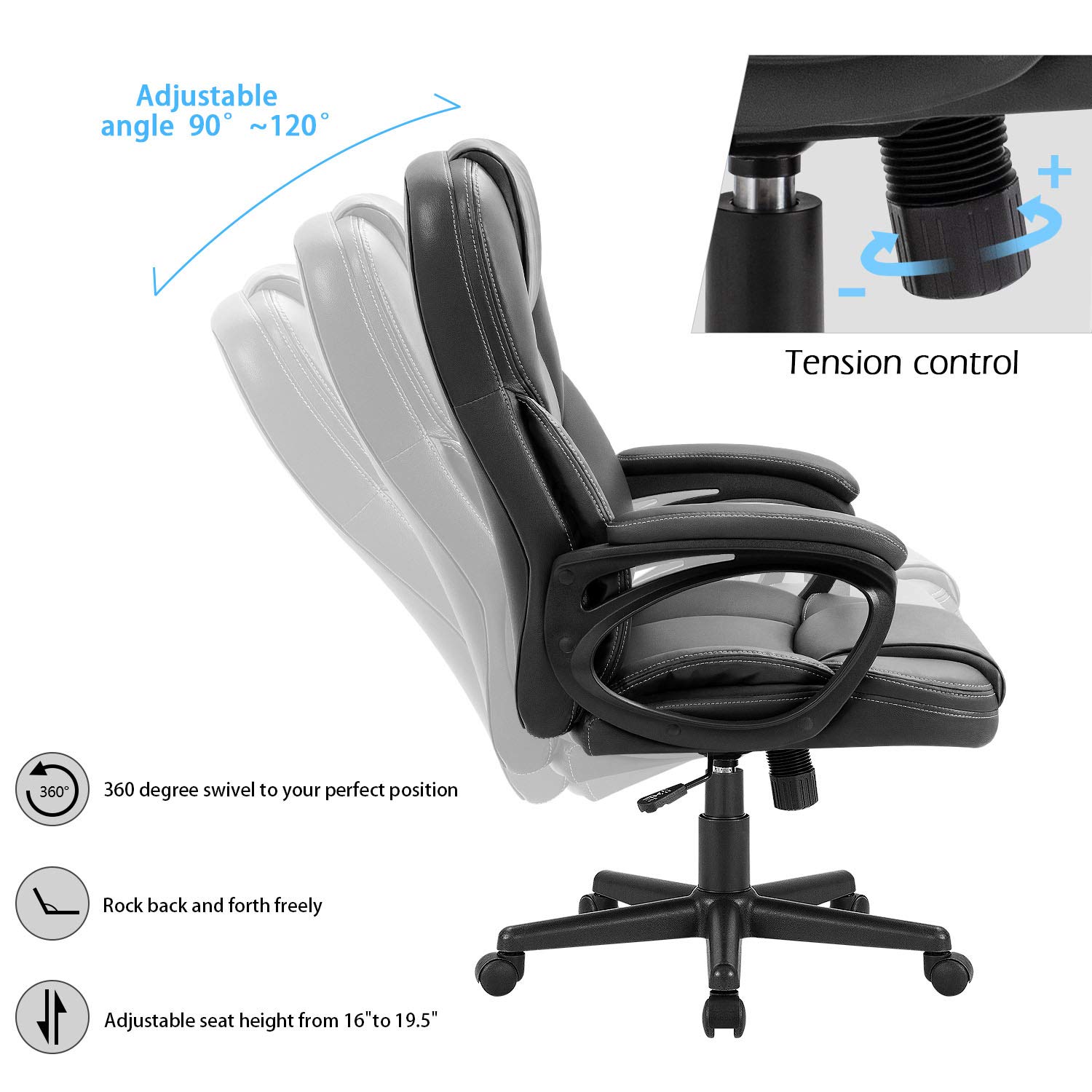 Furmax Office Exectuive Chair High Back Adjustable Managerial Home Desk Chair, Swivel Computer PU Leather Chair with Lumbar Support (Black)