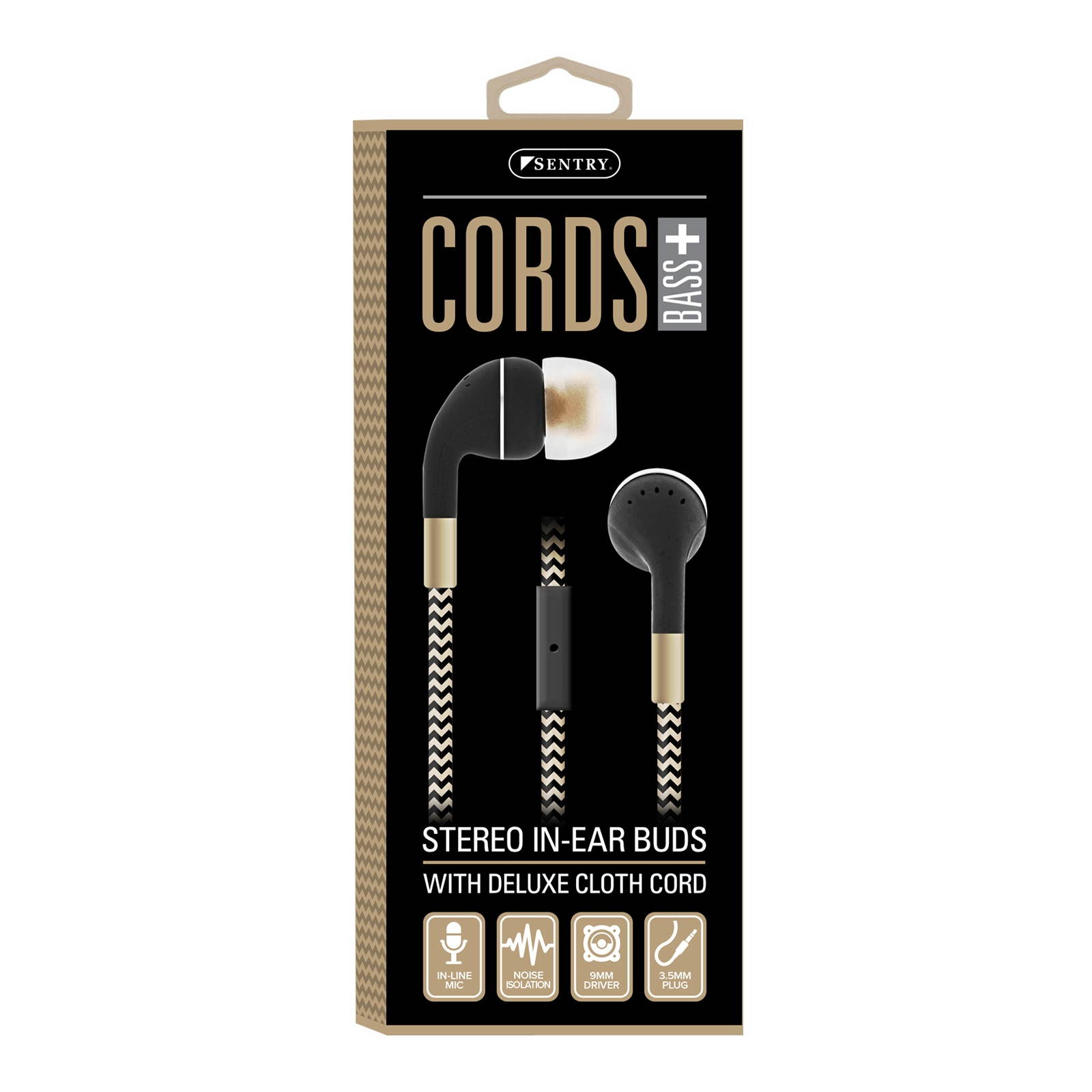 SENTRY Cords Stereo Earbuds with deluxe cloth cord & inline mic  BLACK HM650-BLACK