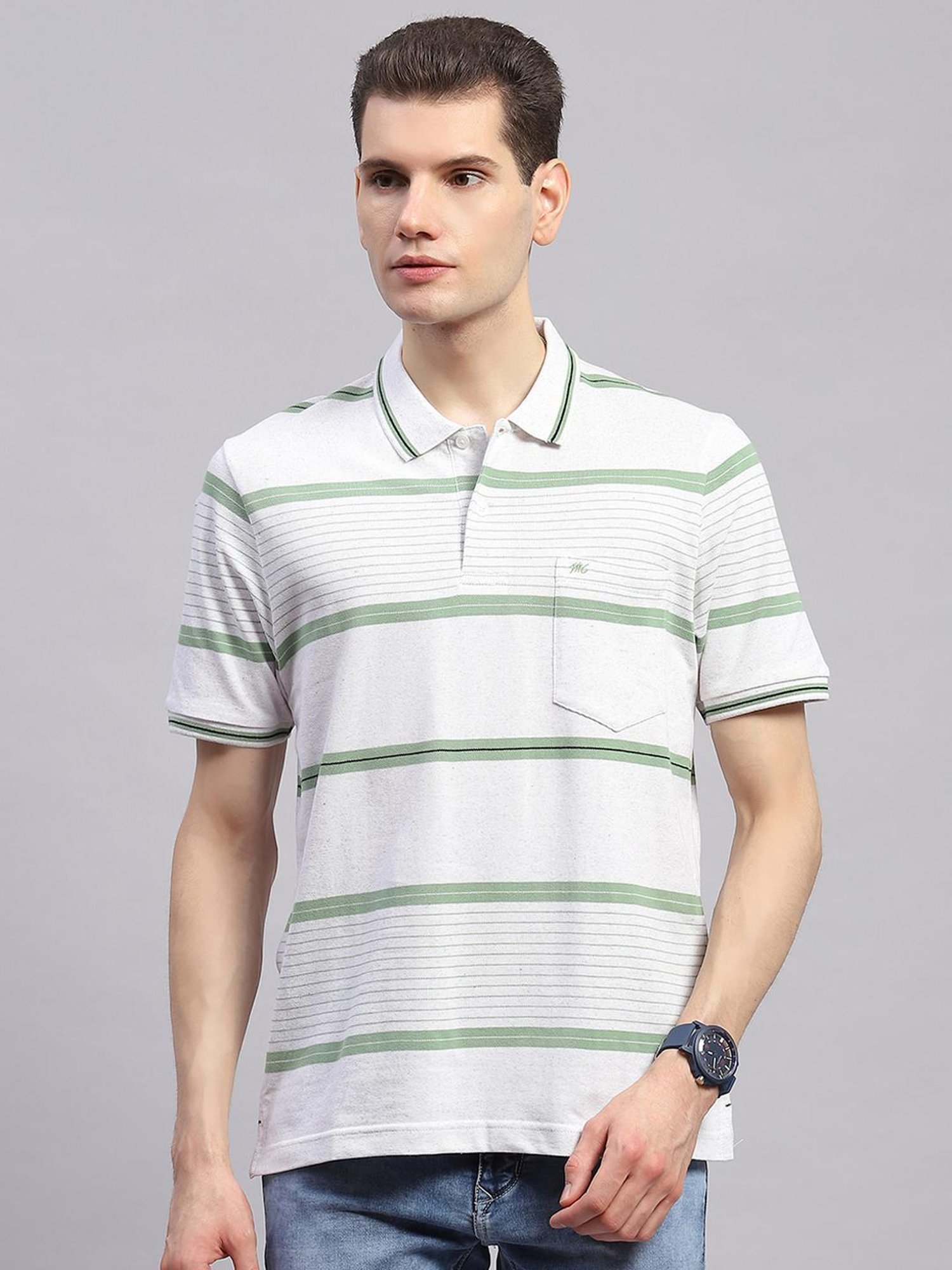 Monte Carlo Green Regular Fit Striped Polo T-Shirt