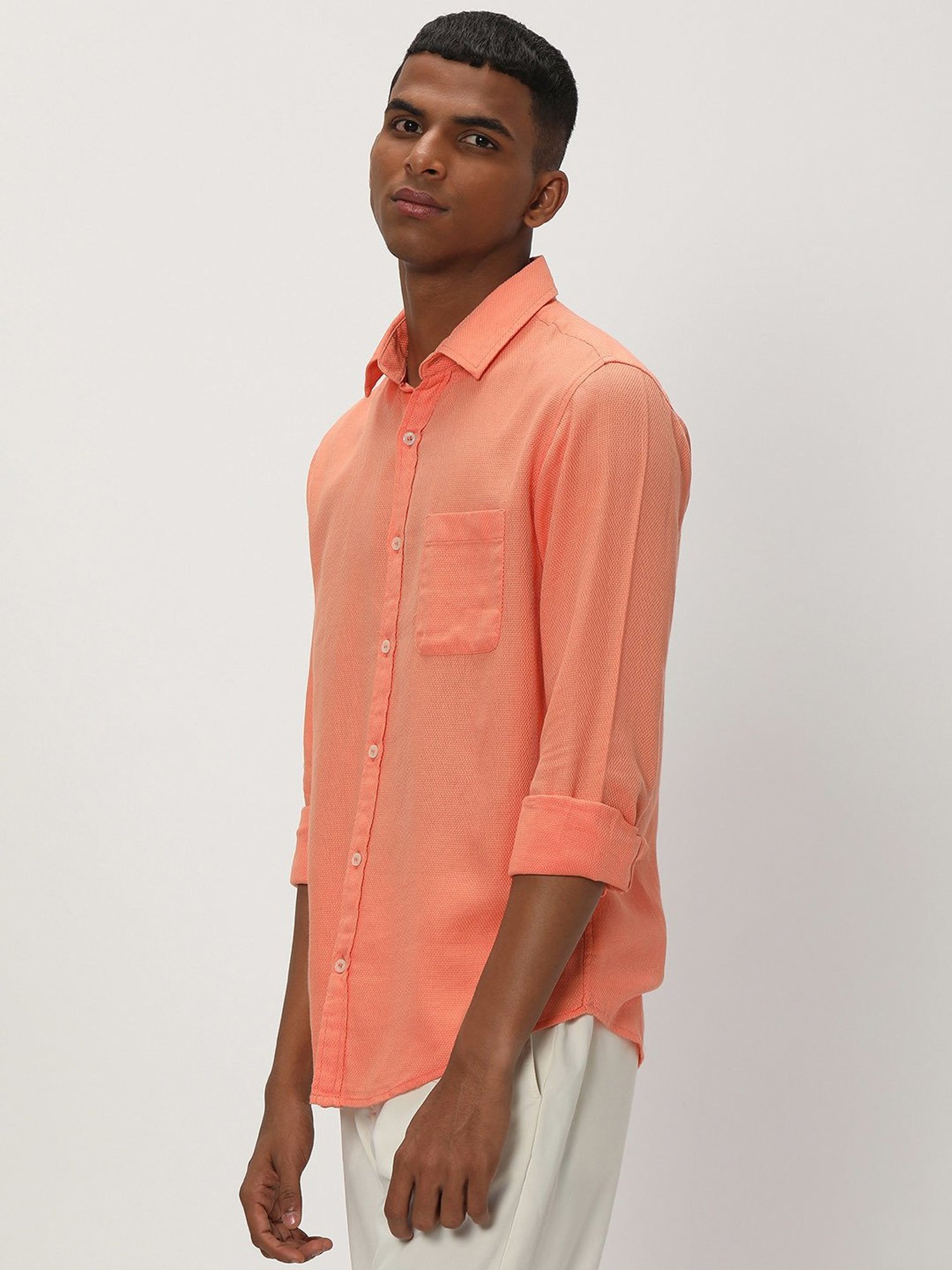 Mufti Orange Slim Fit Textured Cotton Linen Shirt