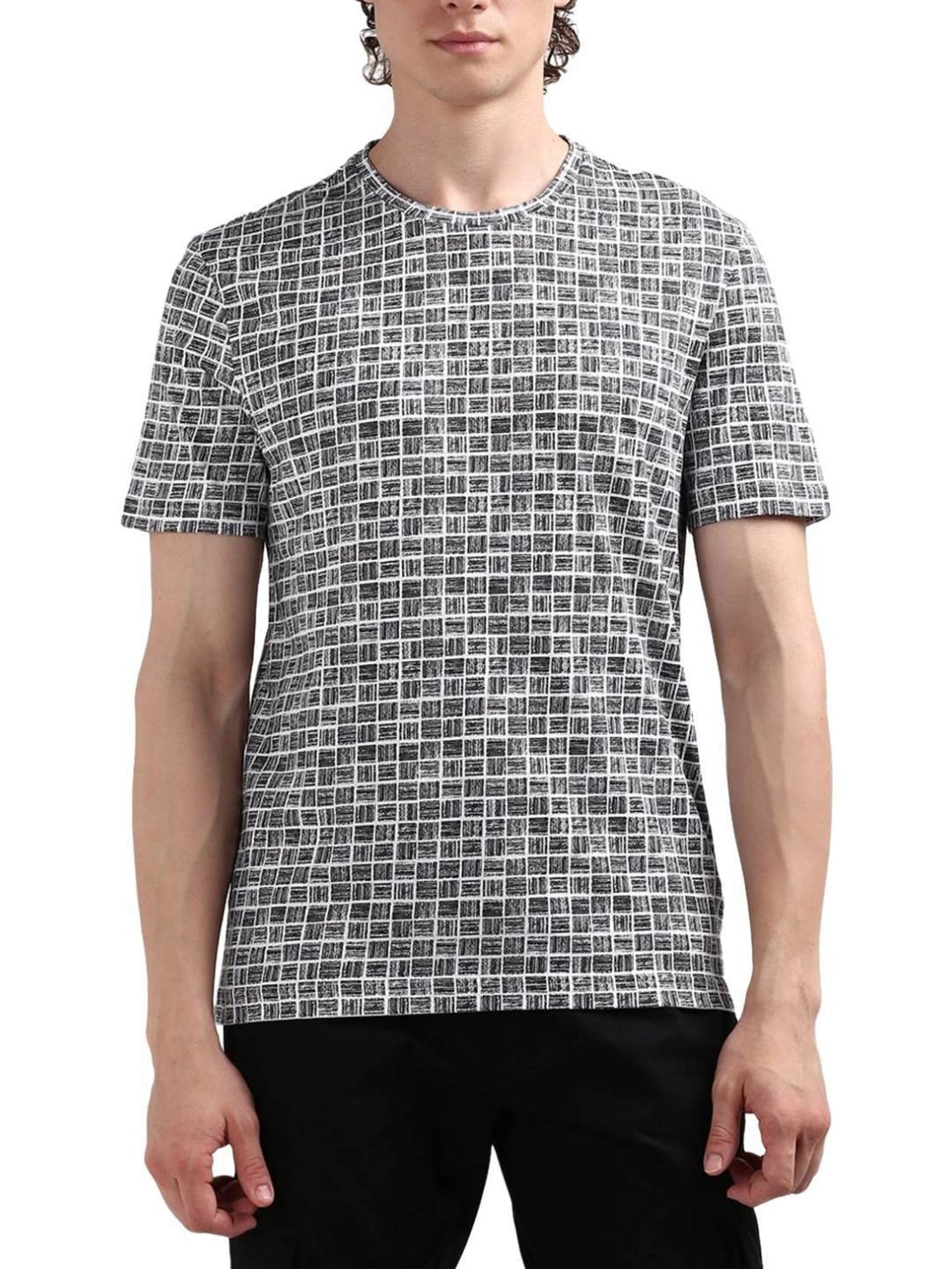 Calvin Klein Black Cotton Regular Fit Checks T-Shirt