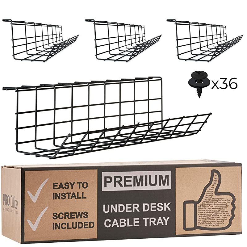 Desk Cable Management Tray Cable Organizer for Wire Management Metal Wire Cable Tray for Office and Home Perfect Standing Desk Cable Management Tray Black Cord Basket Set of 4X 17