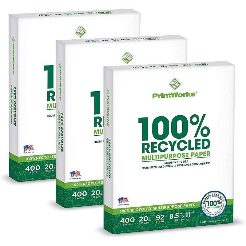 3pk 400 Sheets/Pack 20lb 100% Recycled Multipurpose Paper 8.5"x11" 92 Bright - PrintWorks