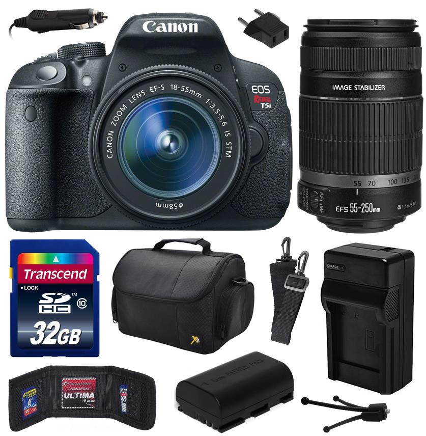 Canon EOS Rebel T5i Digital SLR with 18-55mm STM and EF-S 55-250mm f/4-5.6 IS II Lens includes 32GB Memory, Large Case, Battery, Charger, Memory Card Wallet, Cleaning Kit (32GB Value Bundle) 8595B003