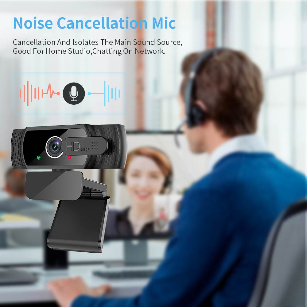 Portholic 1080P webcam with microphone, full HD PC / laptop web camera with tripod, automatic light correction, USB 2.0 plug & play for live streaming, video calls, online lessons, conference, games