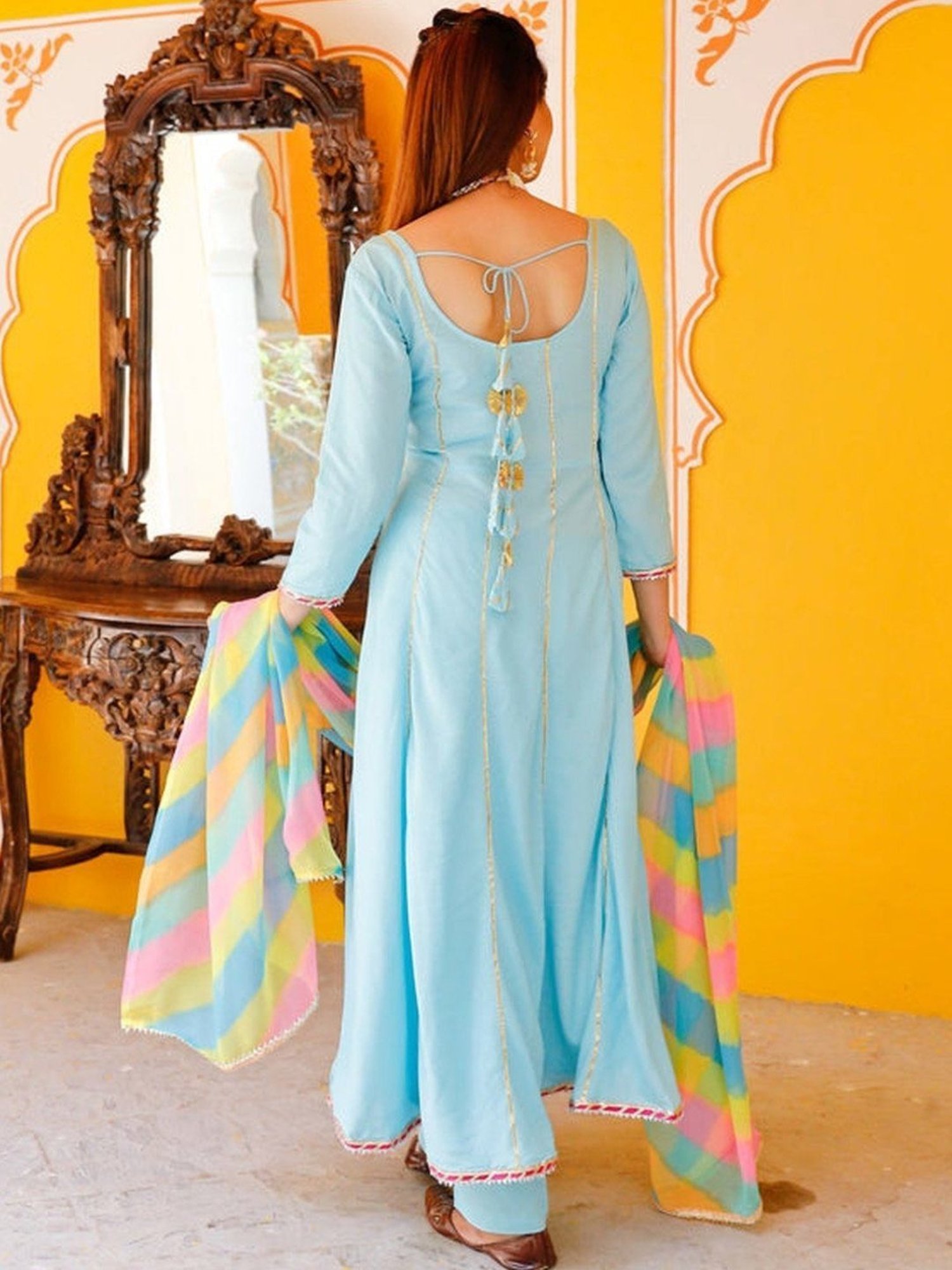 Thread and Button Aqua Blue Heavy Gotta Kurta with Pant and Dupatta