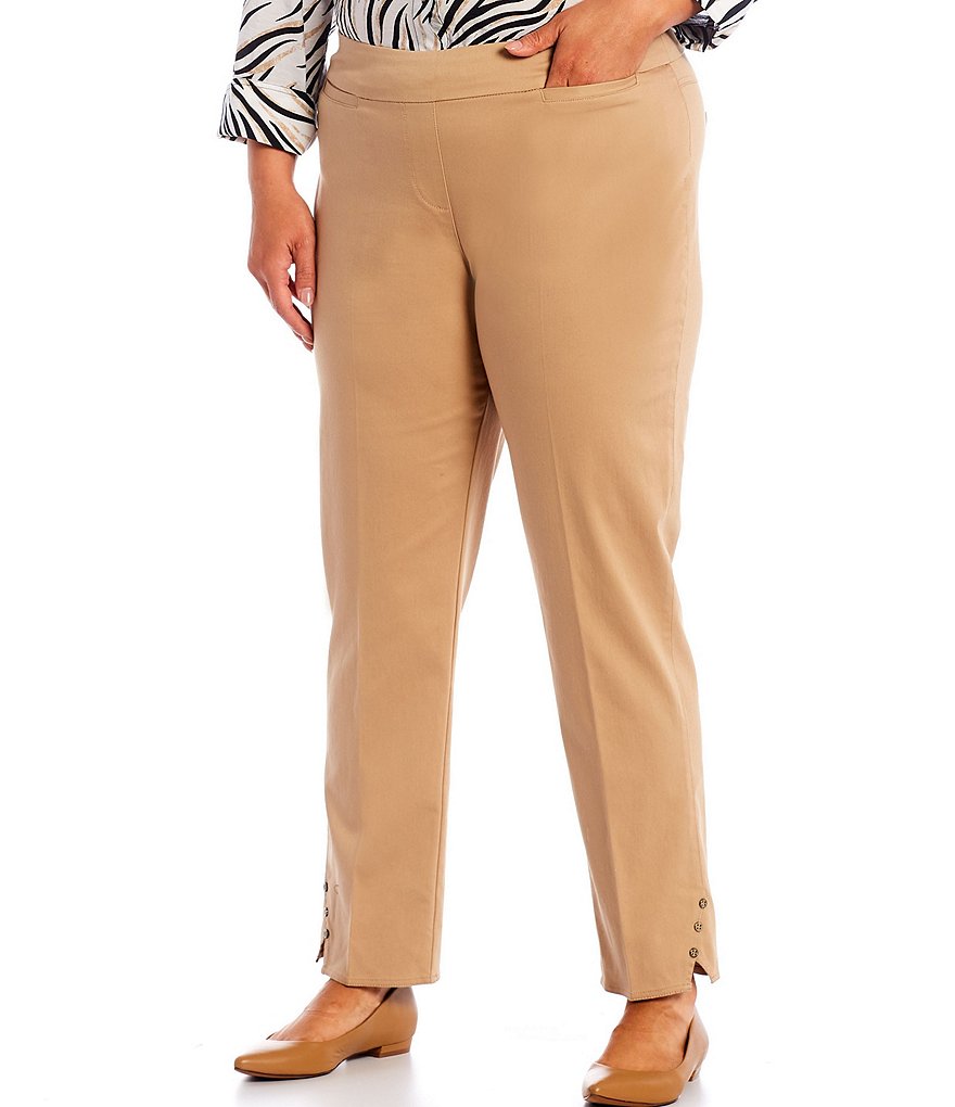 Multiples Plus Size Pull-On Solid Straight Hem Button Detail Ankle Pants