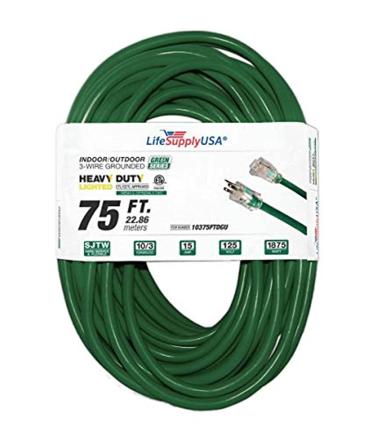 75 ft extension cord 10/3 sjtw with lighted end - dark green- indoor / outdoor heavy duty extra durability 15 amp 125 volts 1875 watts etl listed - by lifesupplyusa