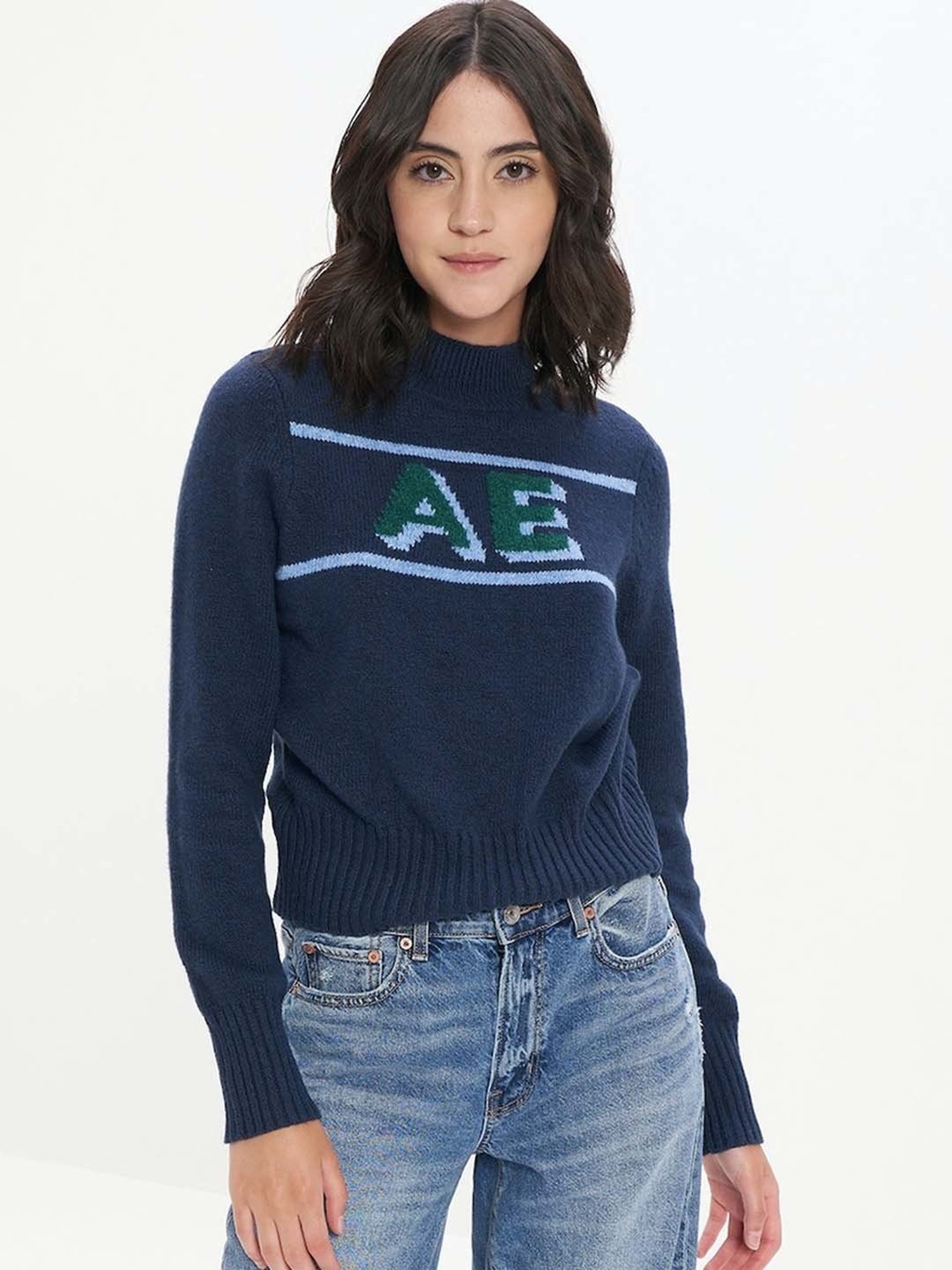 American Eagle Outfitters Blue Cotton Printed Sweater