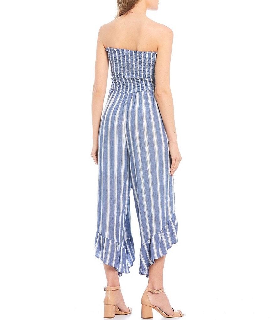 Angie Striped Strapless Smocked Bodice Ruffled Hem Jumpsuit