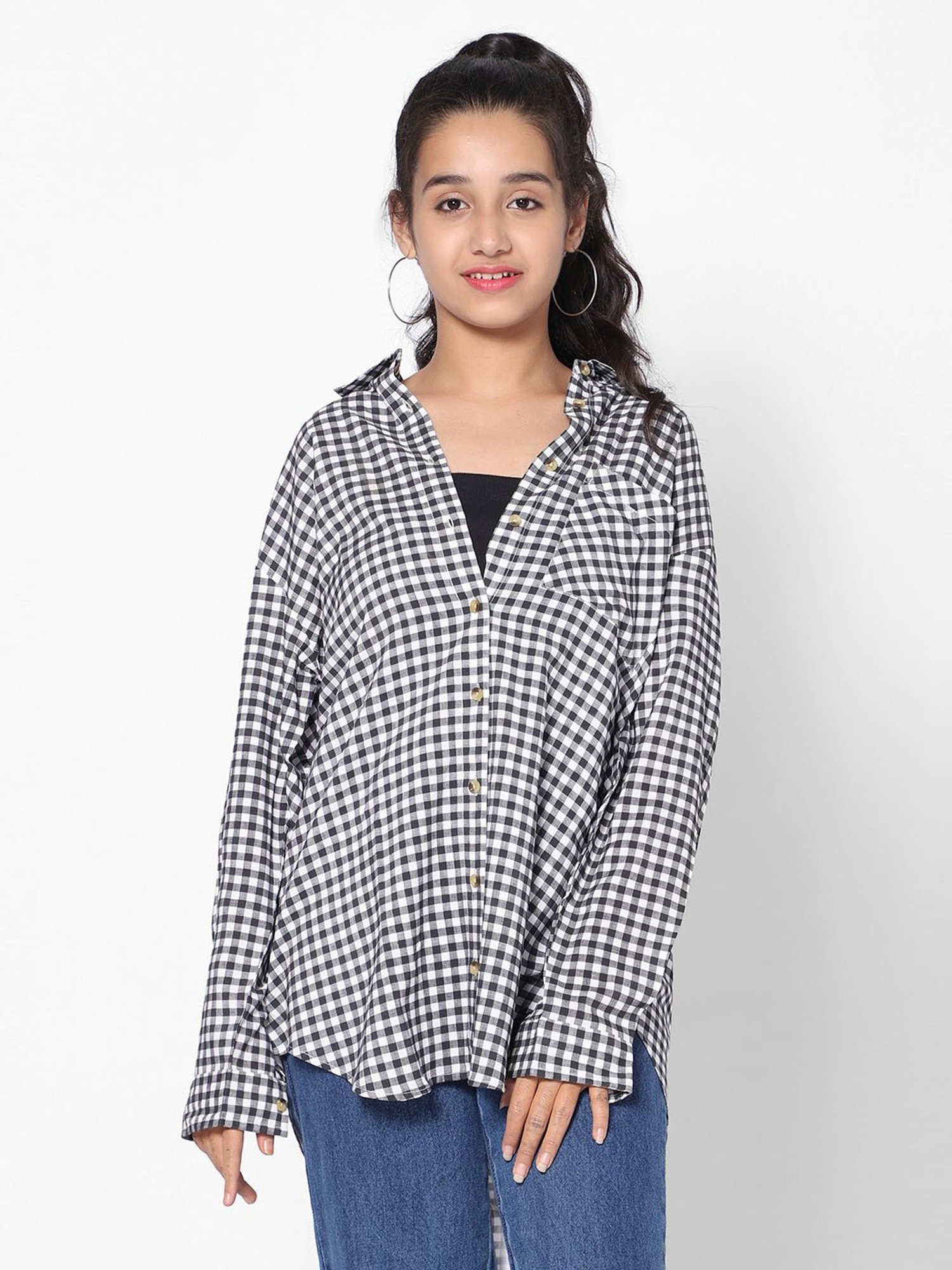 TeenTrums Girls Black & White Checks Full Sleeves Shirt Top