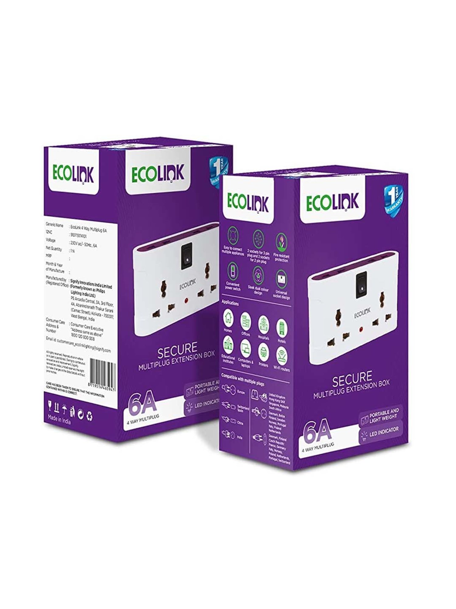 Ecolink Secure 4 way 6A Univeral Multiplug Adapter with LED Indicator (White & Purple)