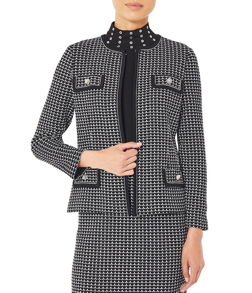 Ming Wang Contrast Grid Pattern Knit Round Neck Jacket